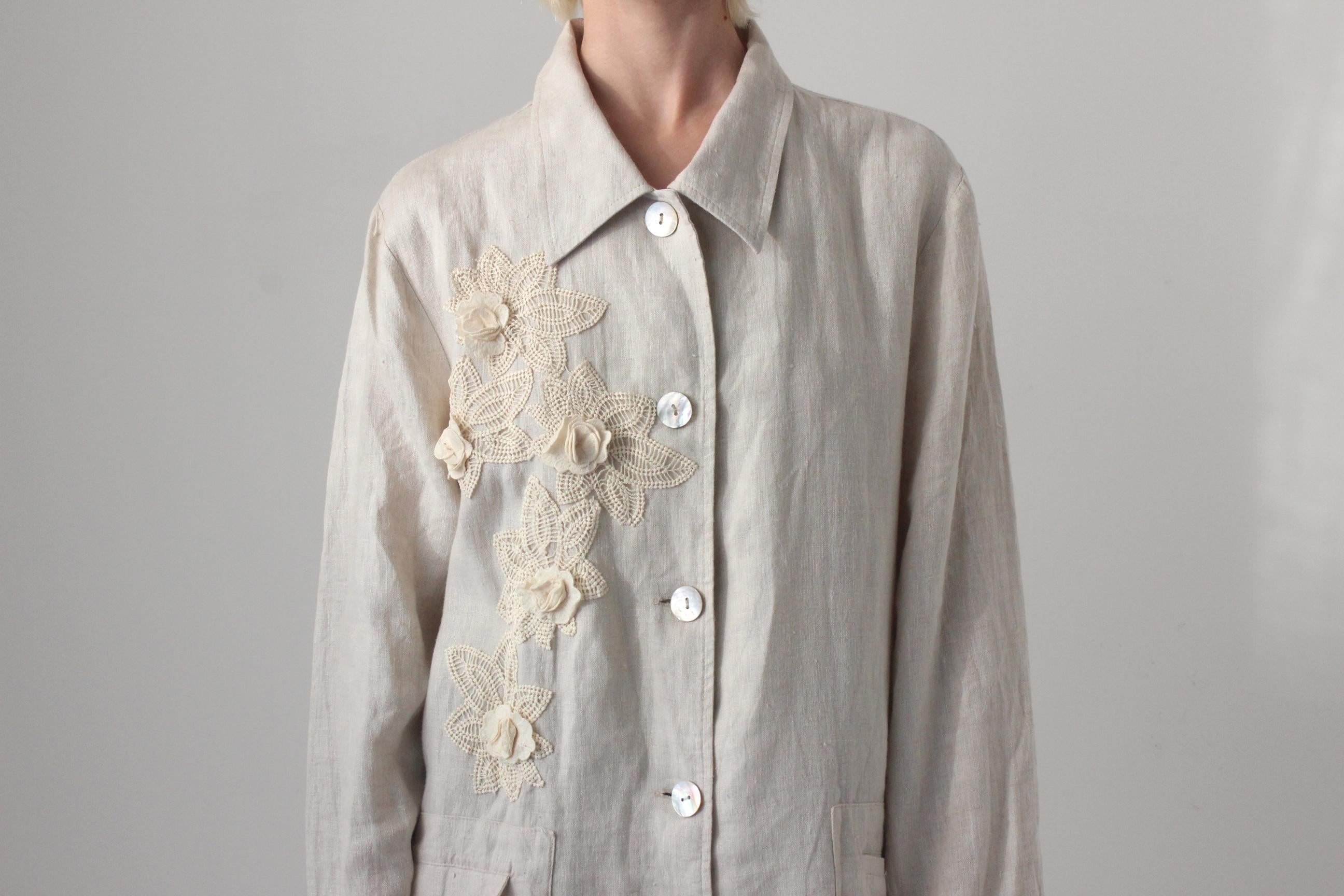 90s Italian Linen Quality Shirt w/ Doily Crochet Flowers