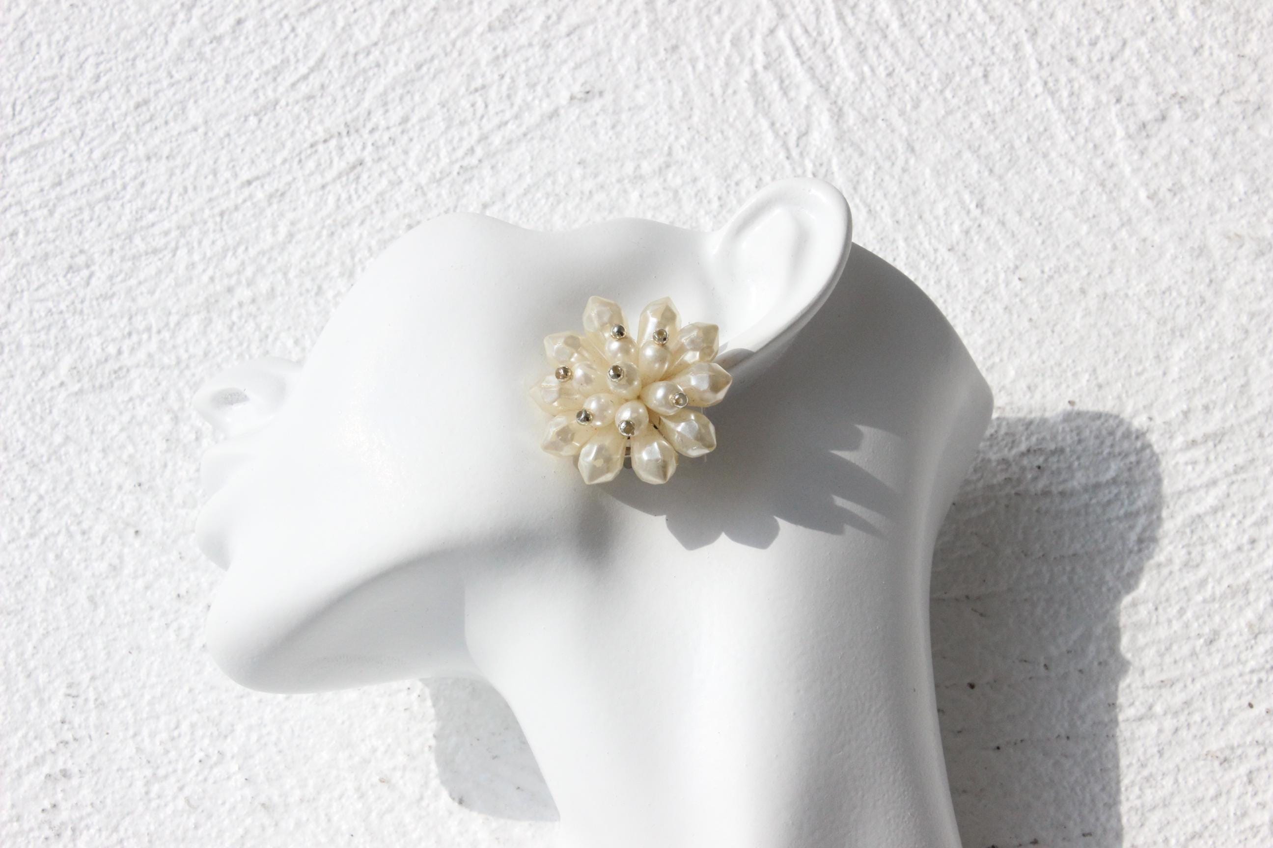 60s Baroque Pearl 'Flower' Cluster Clip On Wedding Earrings