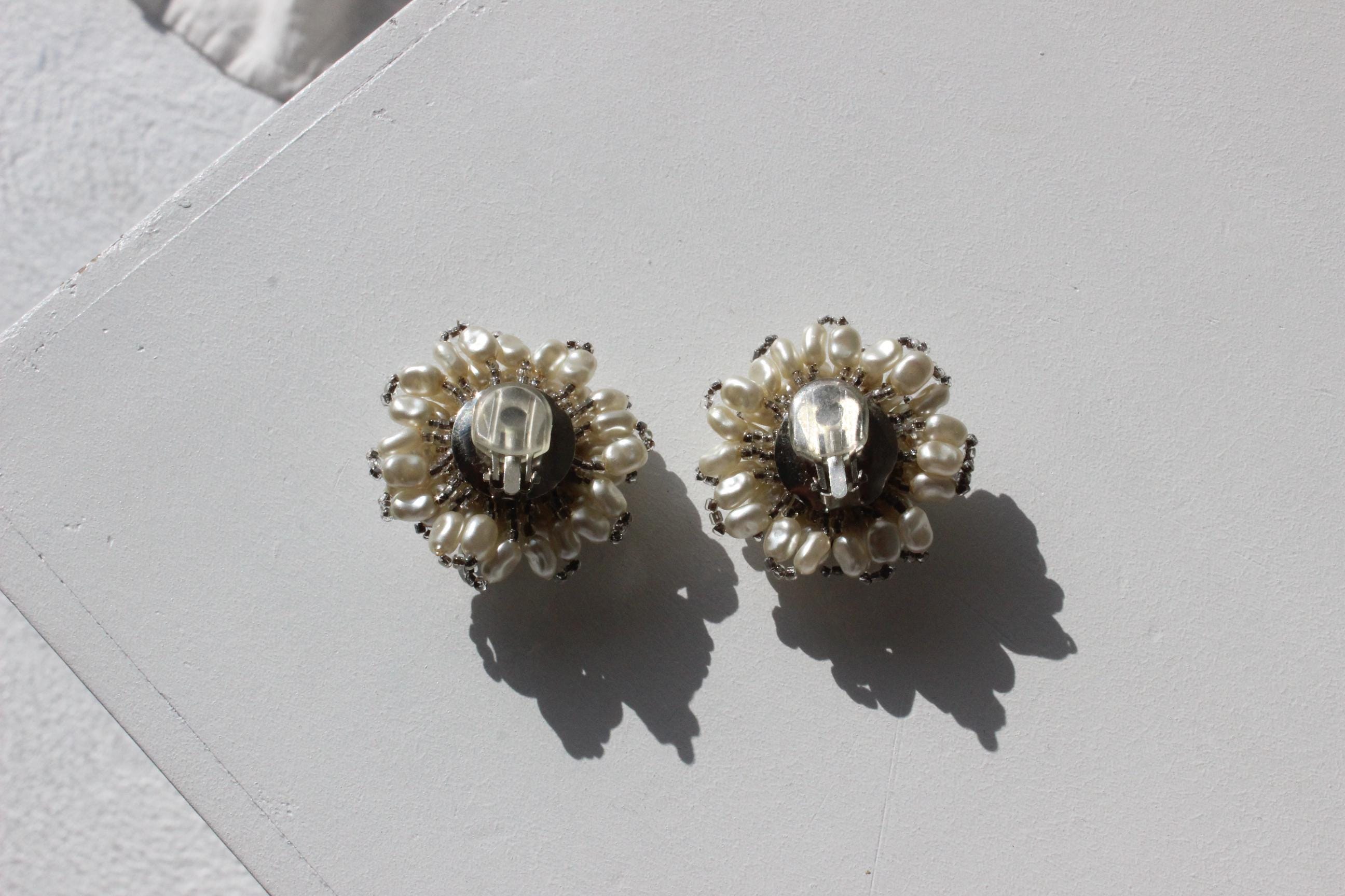 60s Baroque Pearl Oversized Flower Cluster Clip On Wedding Earrings