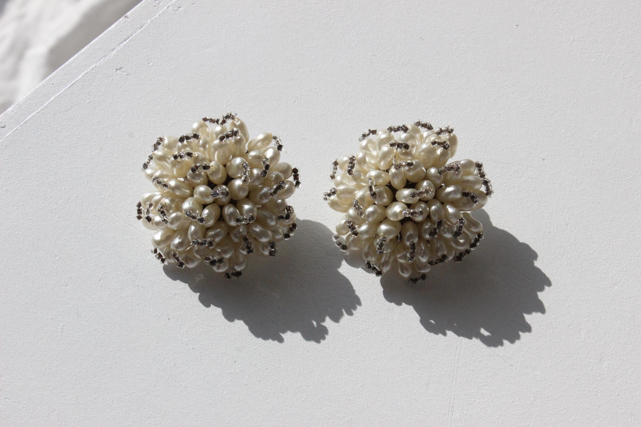 60s Baroque Pearl Oversized Flower Cluster Clip On Wedding Earrings