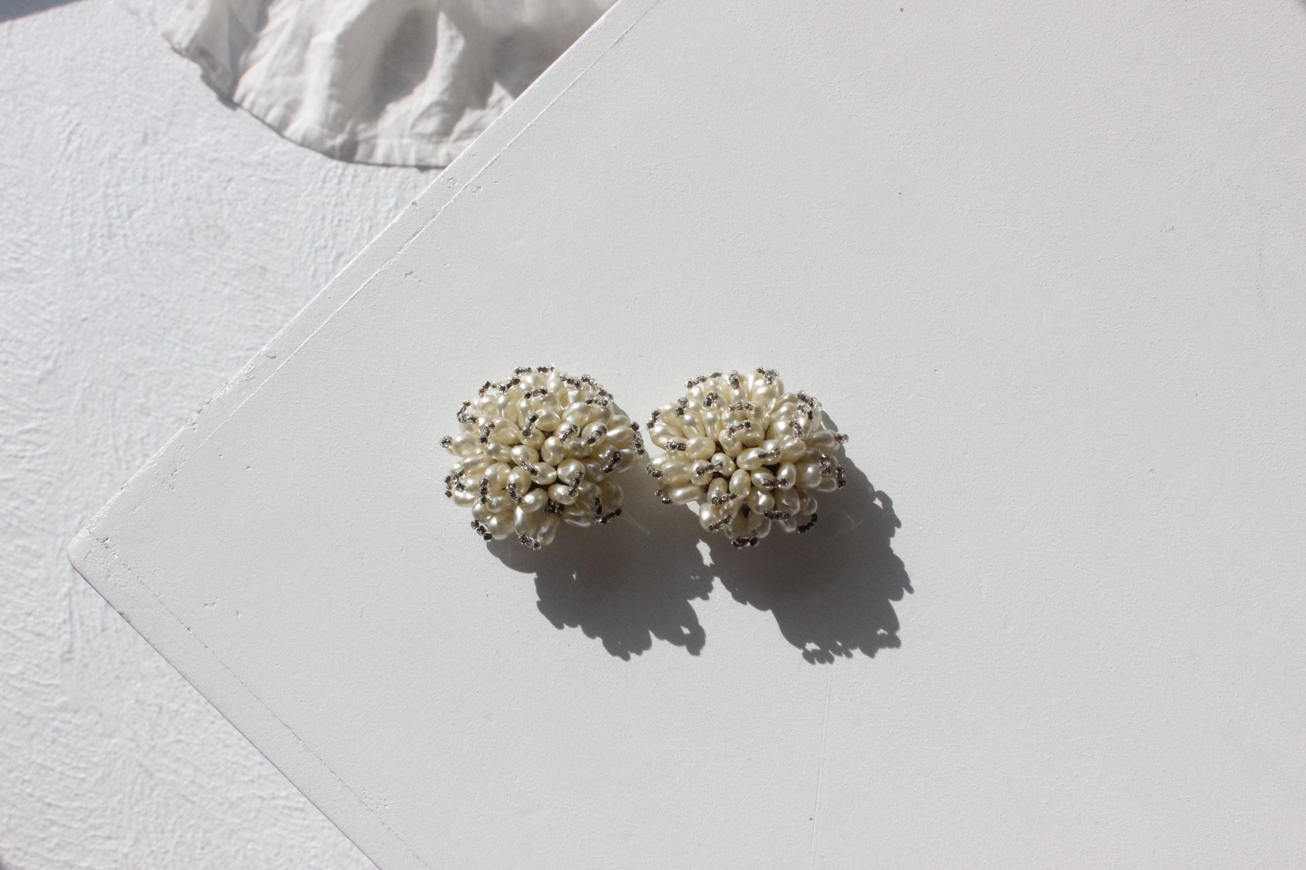 60s Baroque Pearl Oversized Flower Cluster Clip On Wedding Earrings