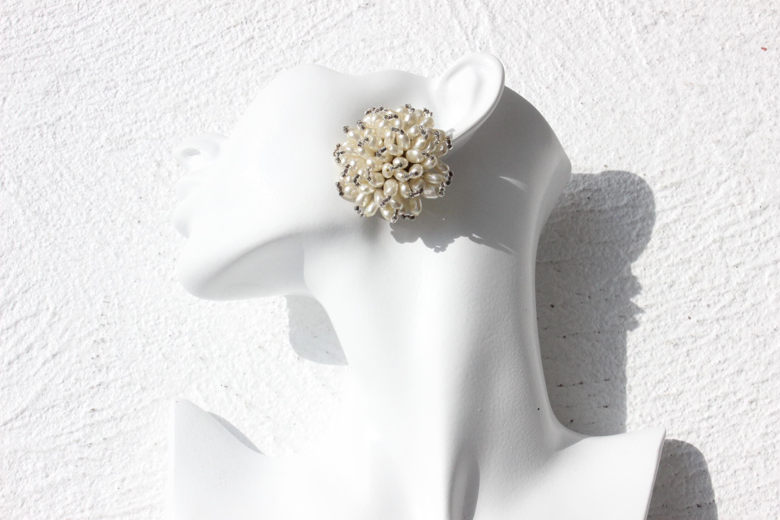 60s Baroque Pearl Oversized Flower Cluster Clip On Wedding Earrings