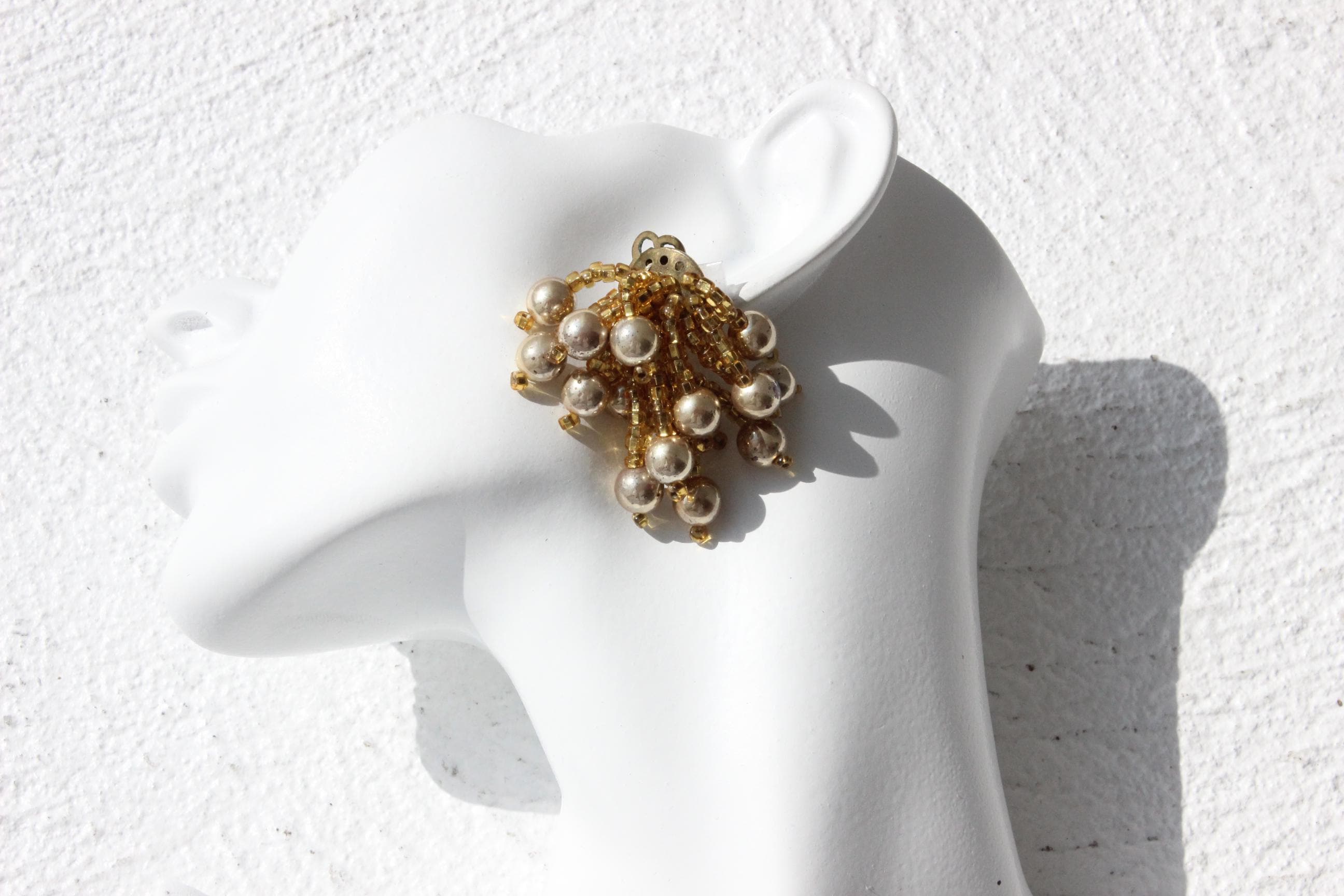 60s Cascading Gold Bead Chandelier Clip On Cocktail Earrings