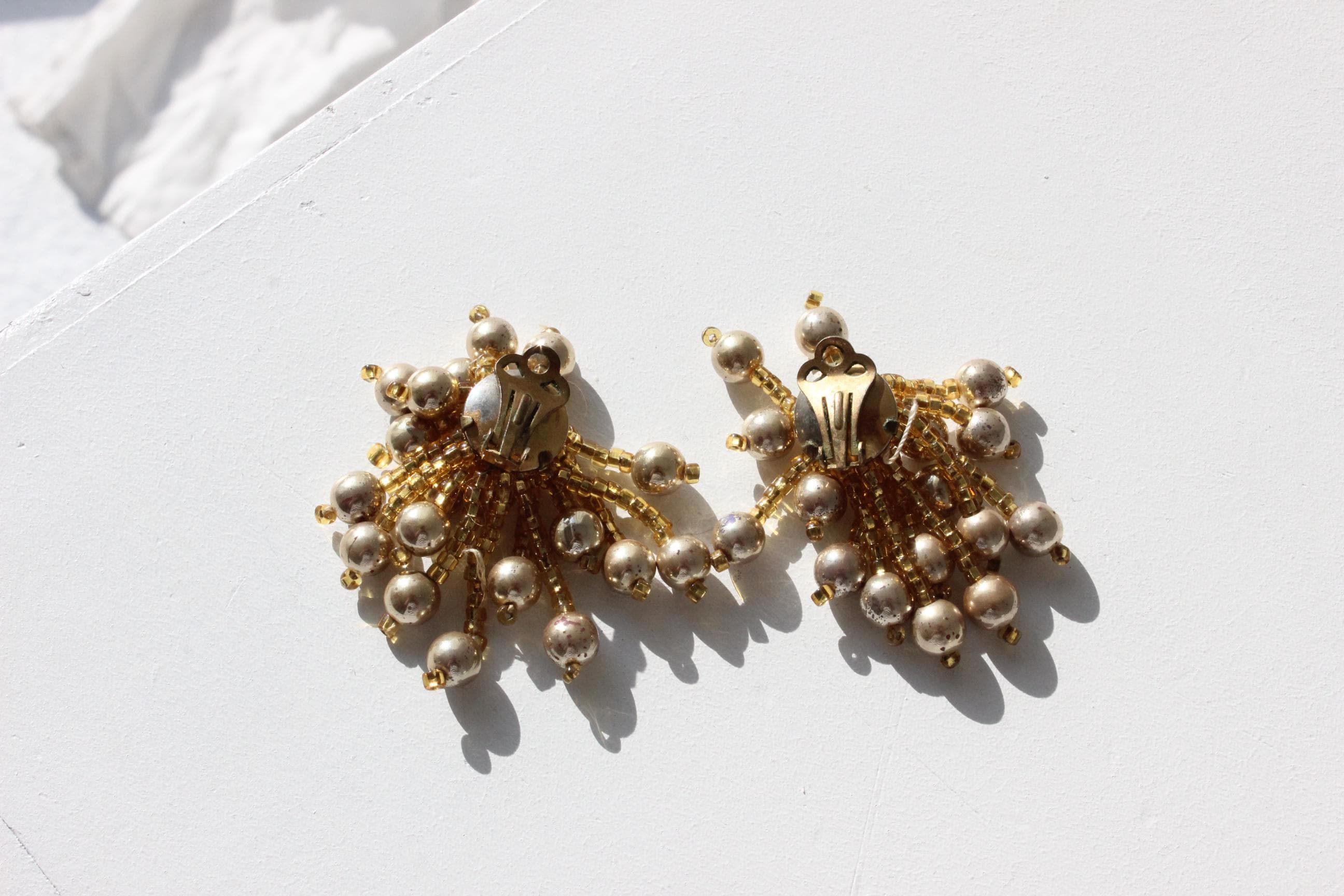 60s Cascading Gold Bead Chandelier Clip On Cocktail Earrings