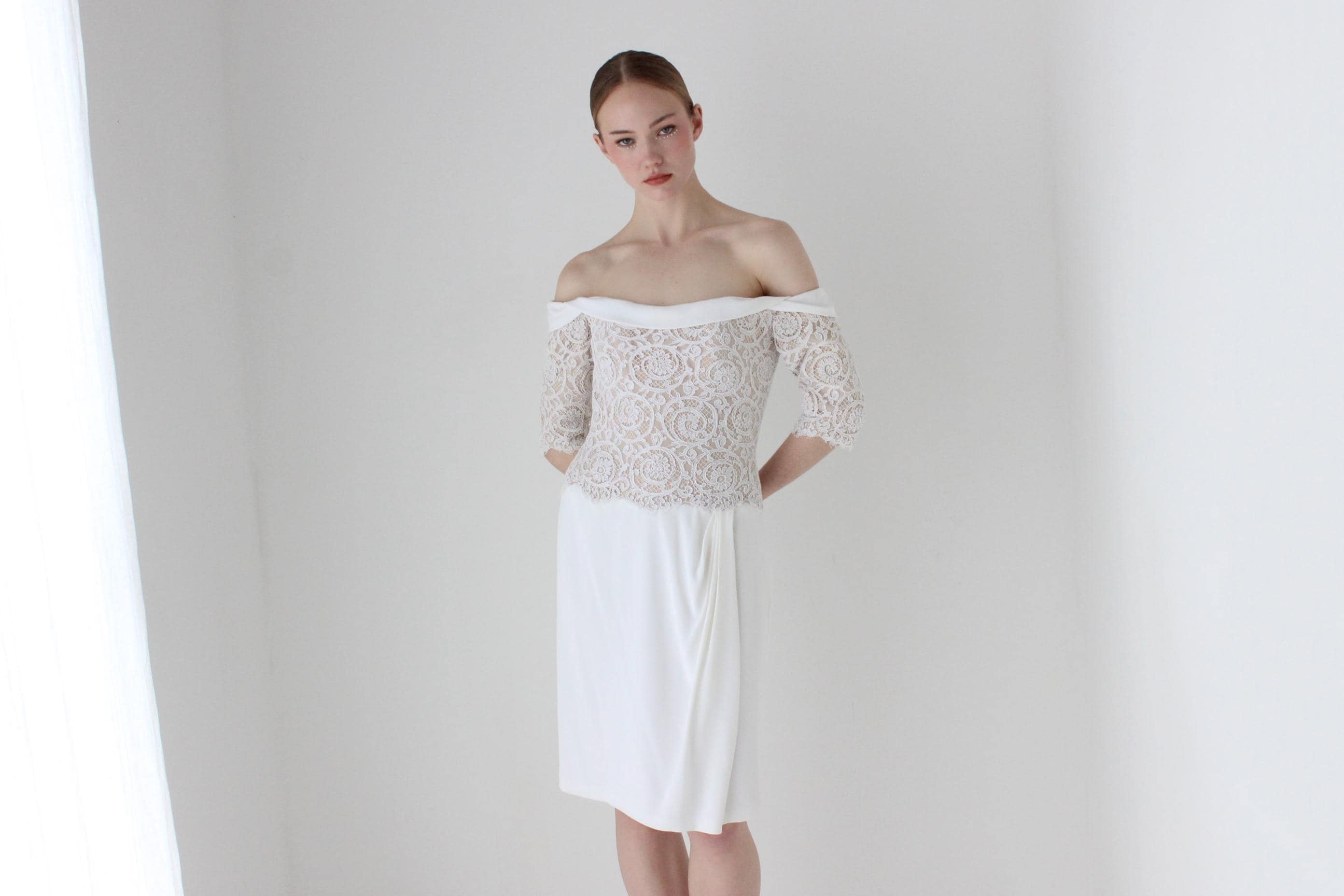 Heavenly 1980s BOB MACKIE Off Shoulder Ivory Lace Bridal Mini Dress