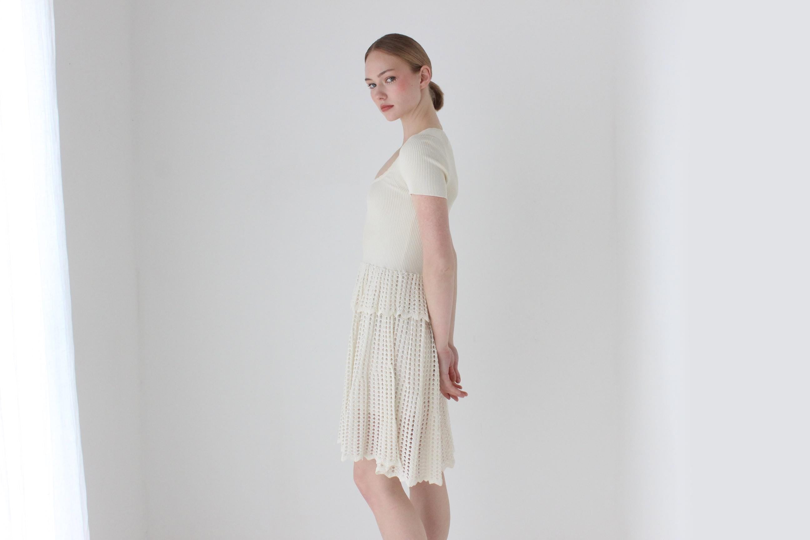 2000s Alexander McQueen Cream Knit Fitted Ruffle Bridal Mini