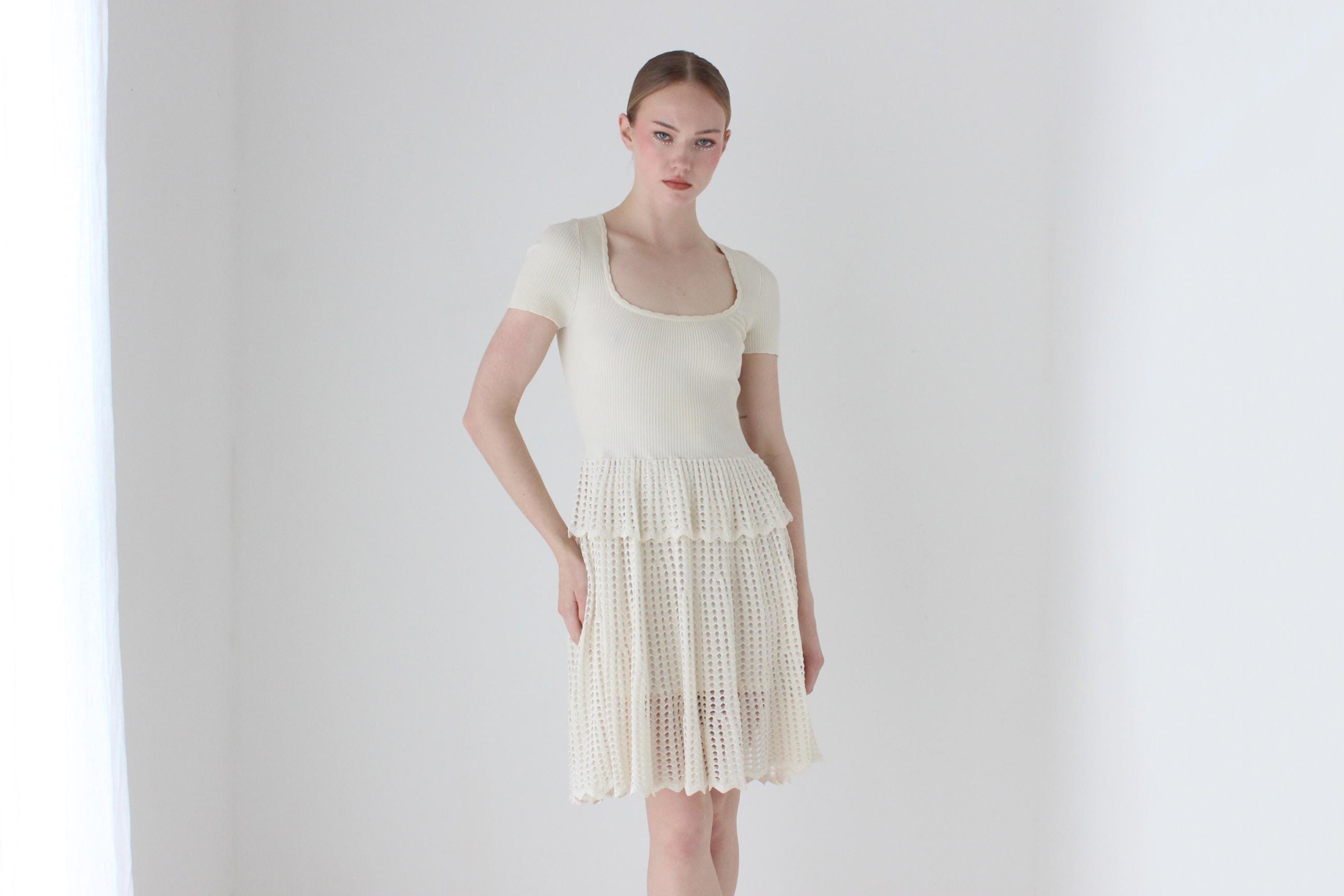 2000s Alexander McQueen Cream Knit Fitted Ruffle Bridal Mini