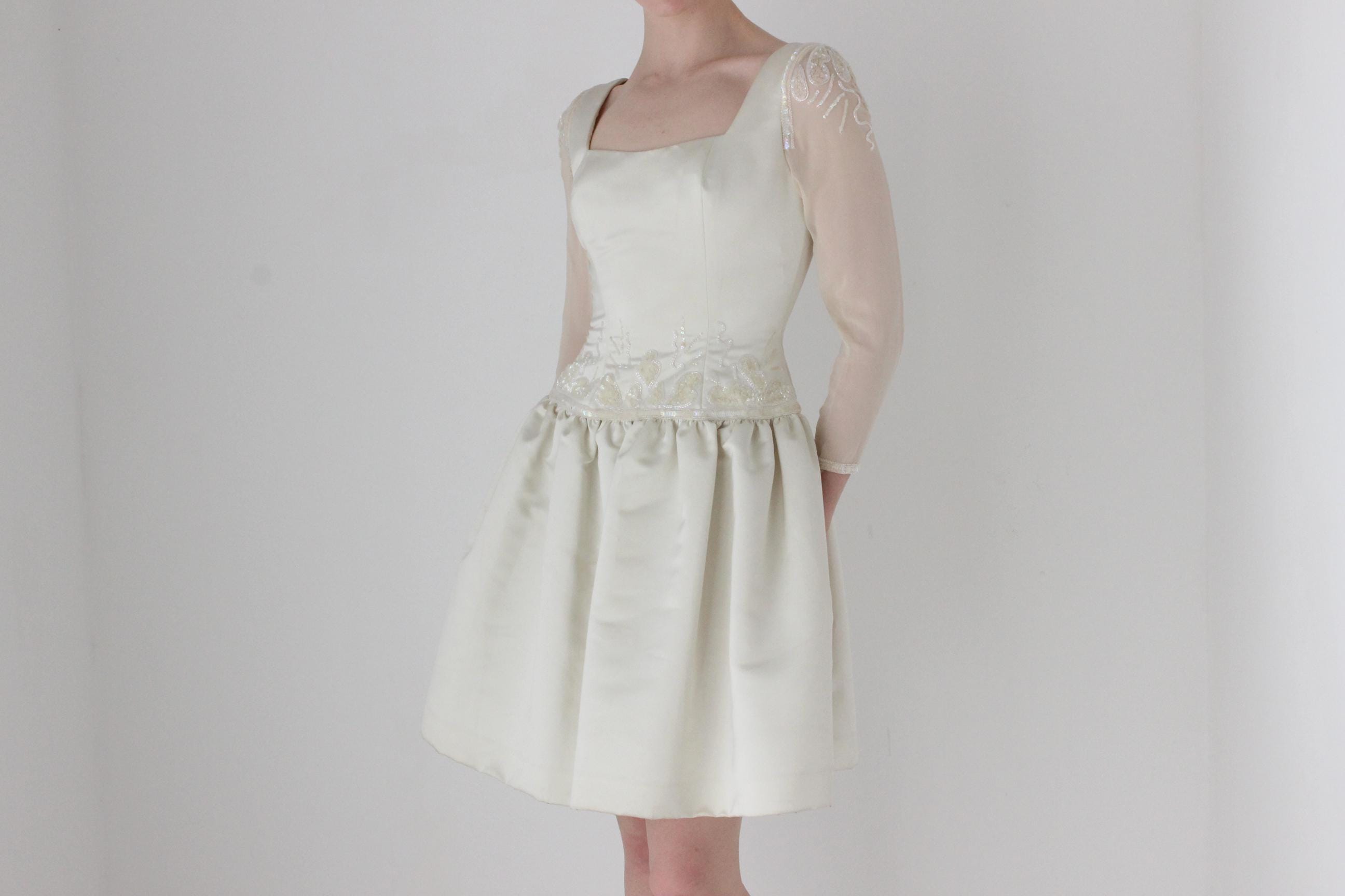 1980s 'Fabrice Silhouette' Duchess Satin Drop Waist Bridal Mini