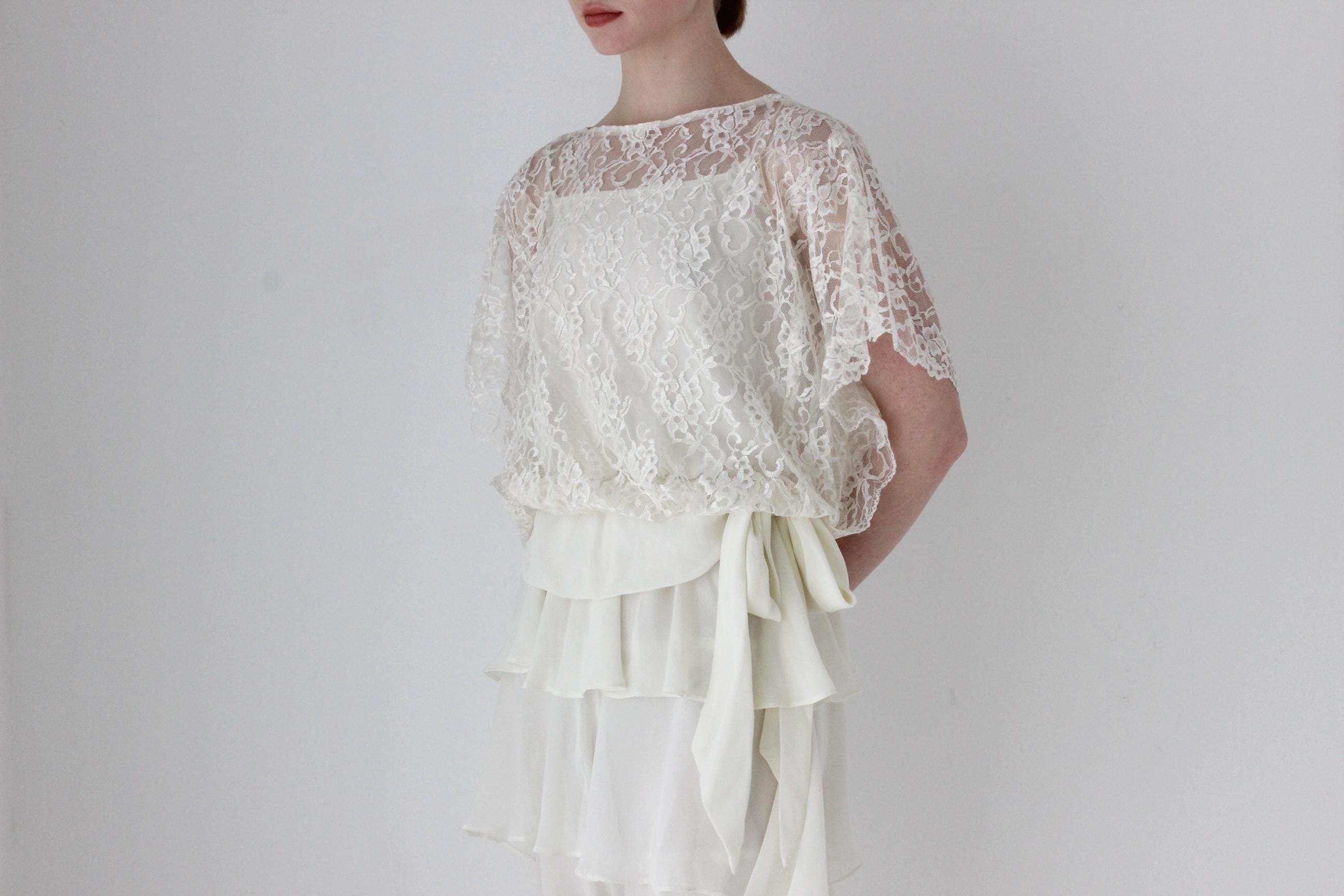 1980s Lace & Ruffle Cocktail Wedding Dress