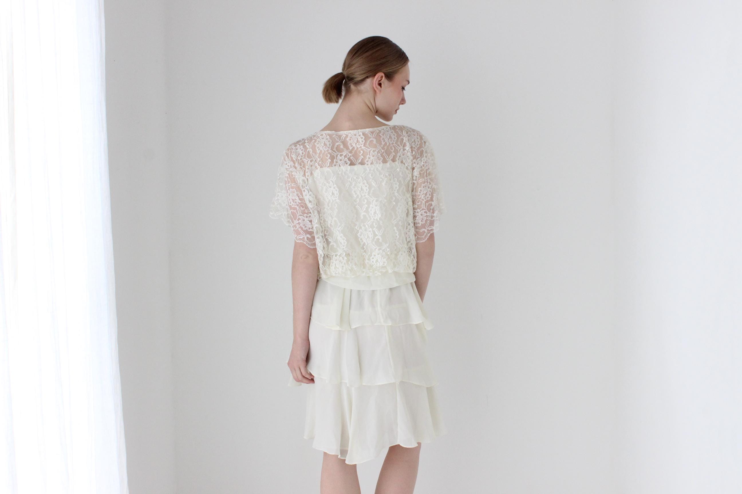 1980s Lace & Ruffle Cocktail Wedding Dress