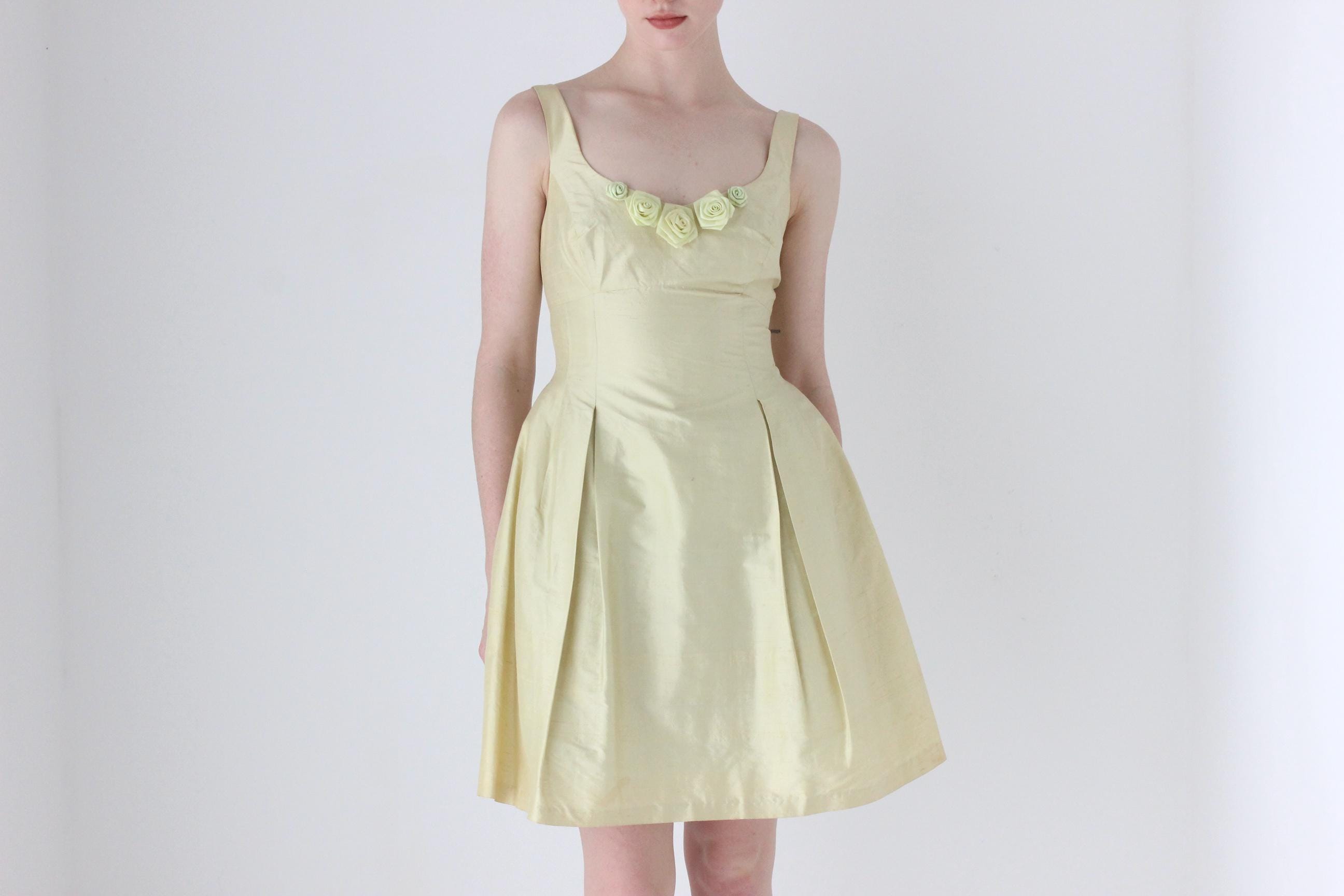 1990s Pastel Raw Silk Cocktail Dress w/ Rosettes