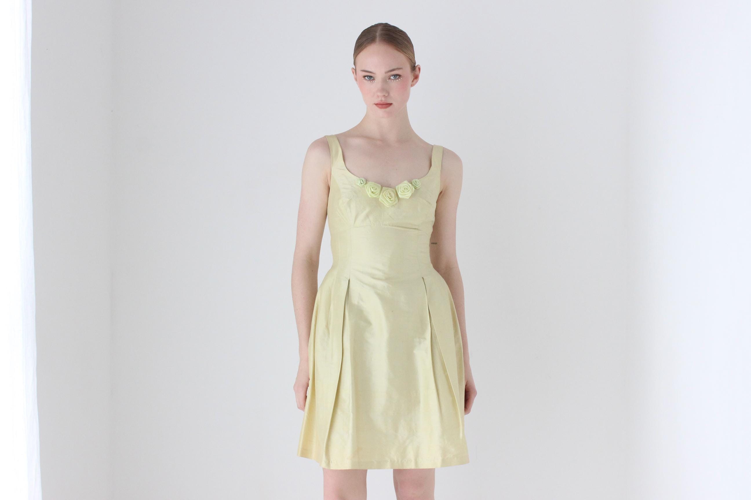 1990s Pastel Raw Silk Cocktail Dress w/ Rosettes