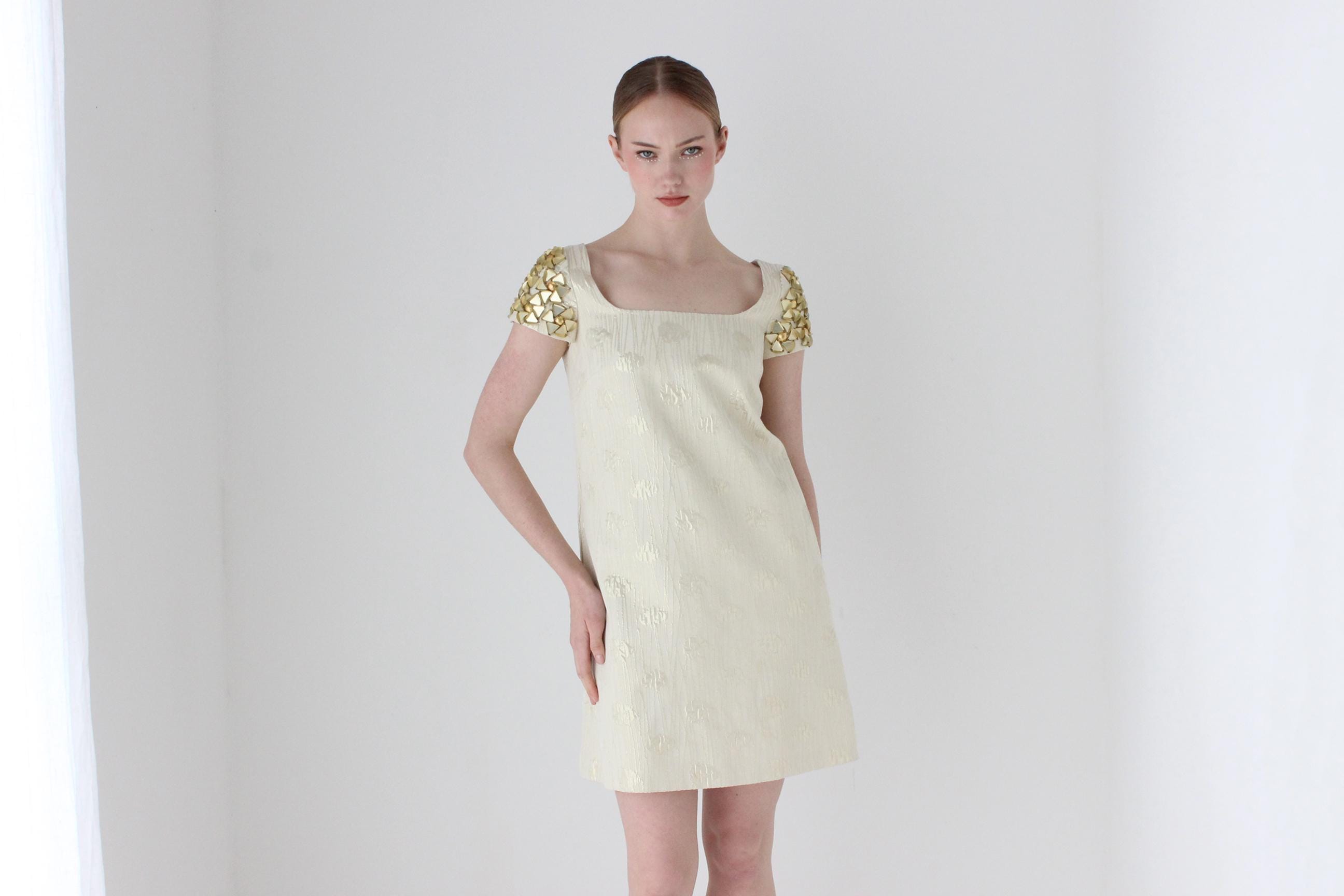 Y2K Moschino Jacquard Scoop Neck Mini Dress w/ Textural Gold Shoulders