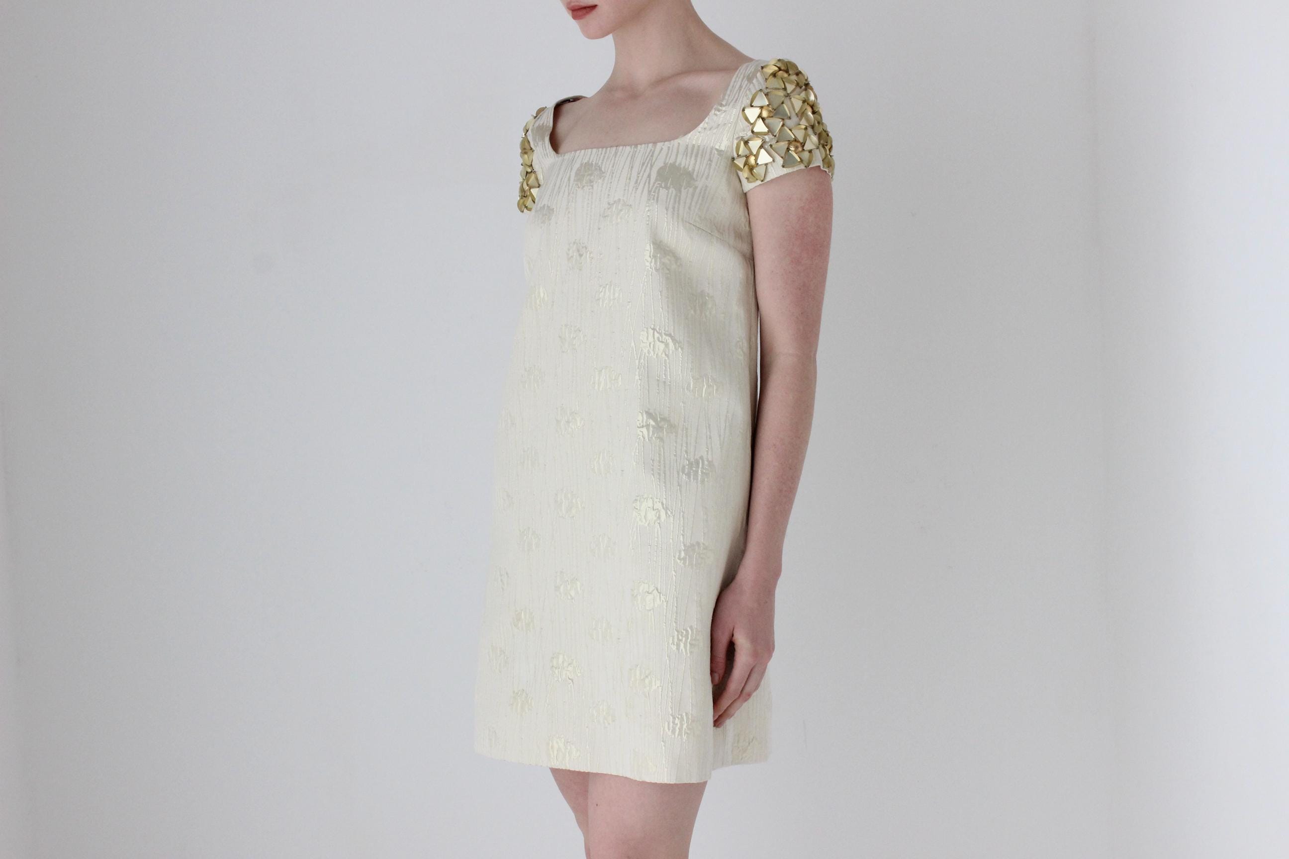 Y2K Moschino Jacquard Scoop Neck Mini Dress w/ Textural Gold Shoulders