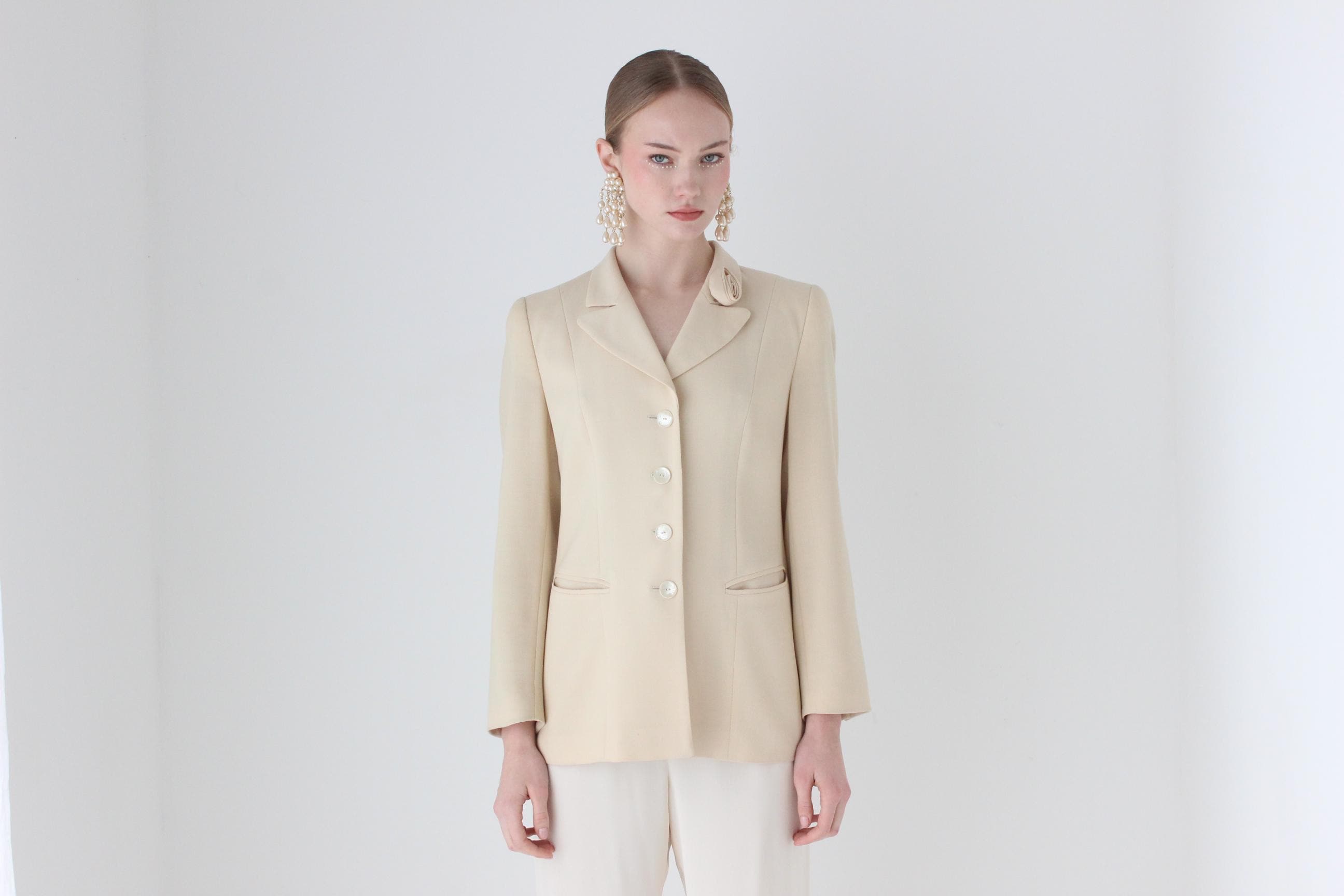 1980s Louis Feraud Paris Elegant Wool Blazer w/ Rosette