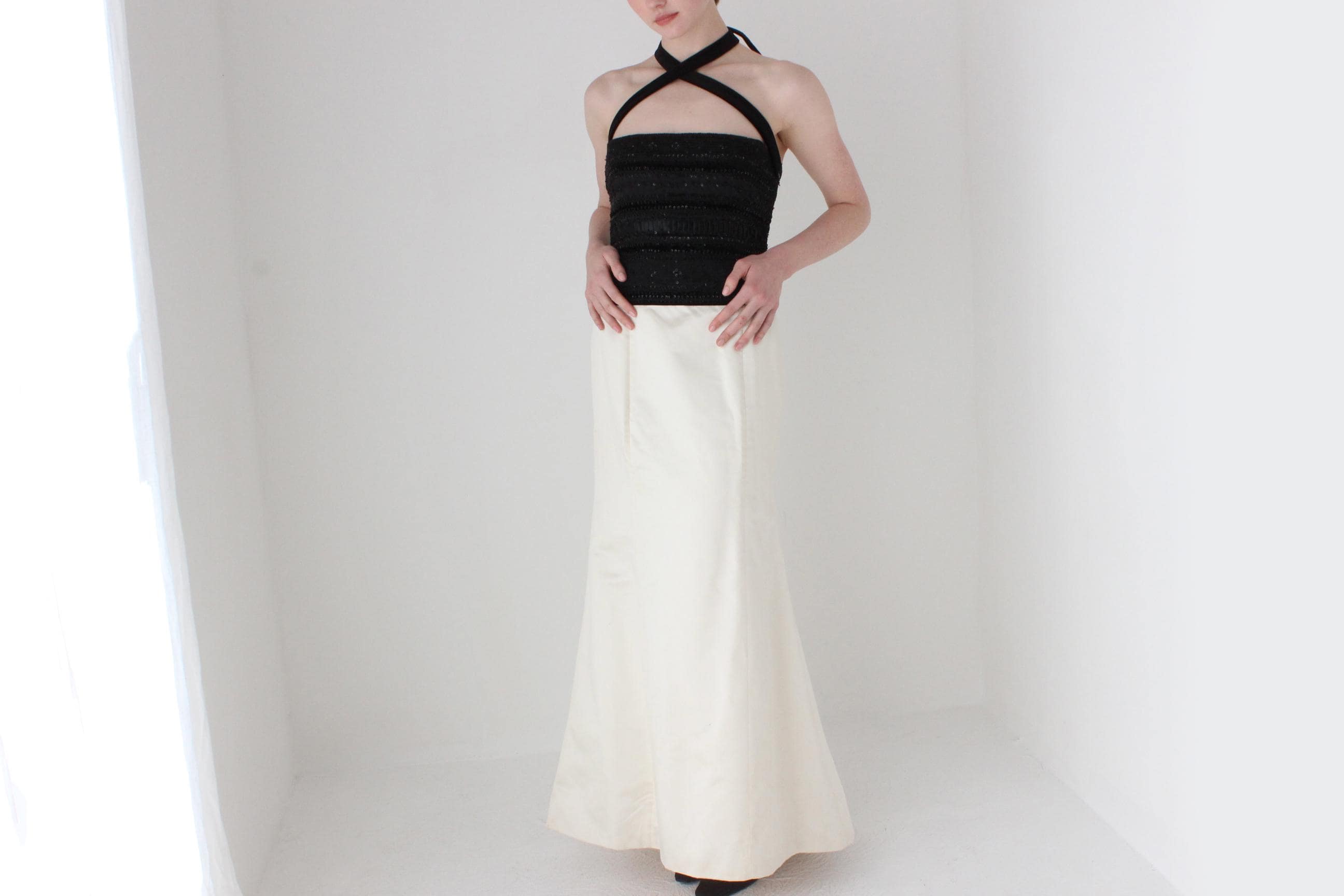 1980s ESCADA Beaded Bodice w/ Cream Duchess Silk Gown