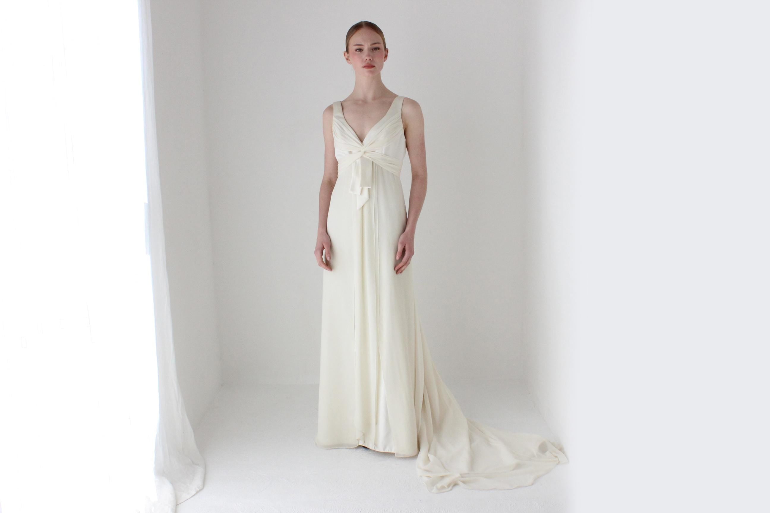 Romantic 1990s Duchess Satin & Draped Chiffon Wedding Gown w/ Long Train