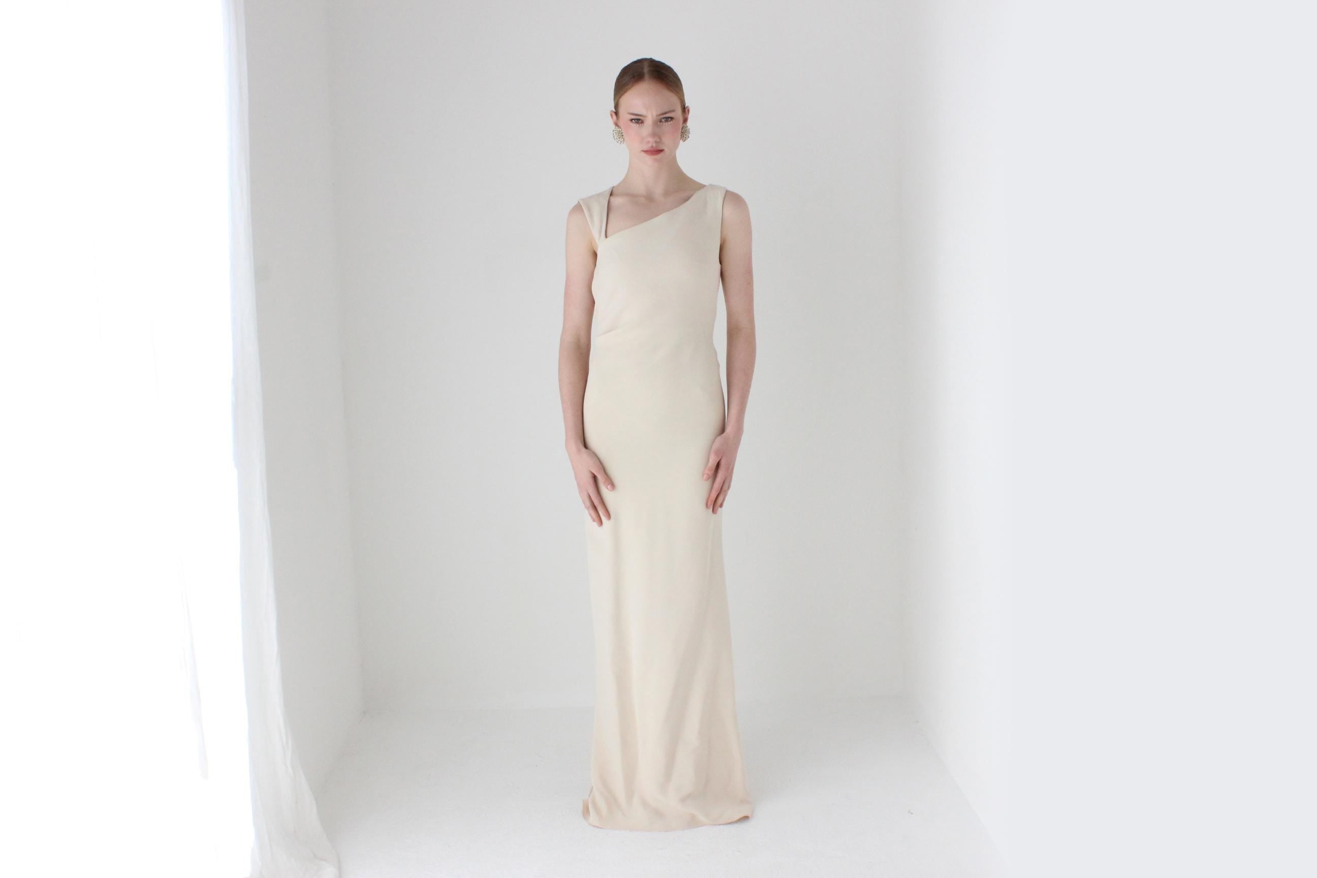 2000s J Mendel Wool & Silk Neutral Asymmetric Wedding Gown