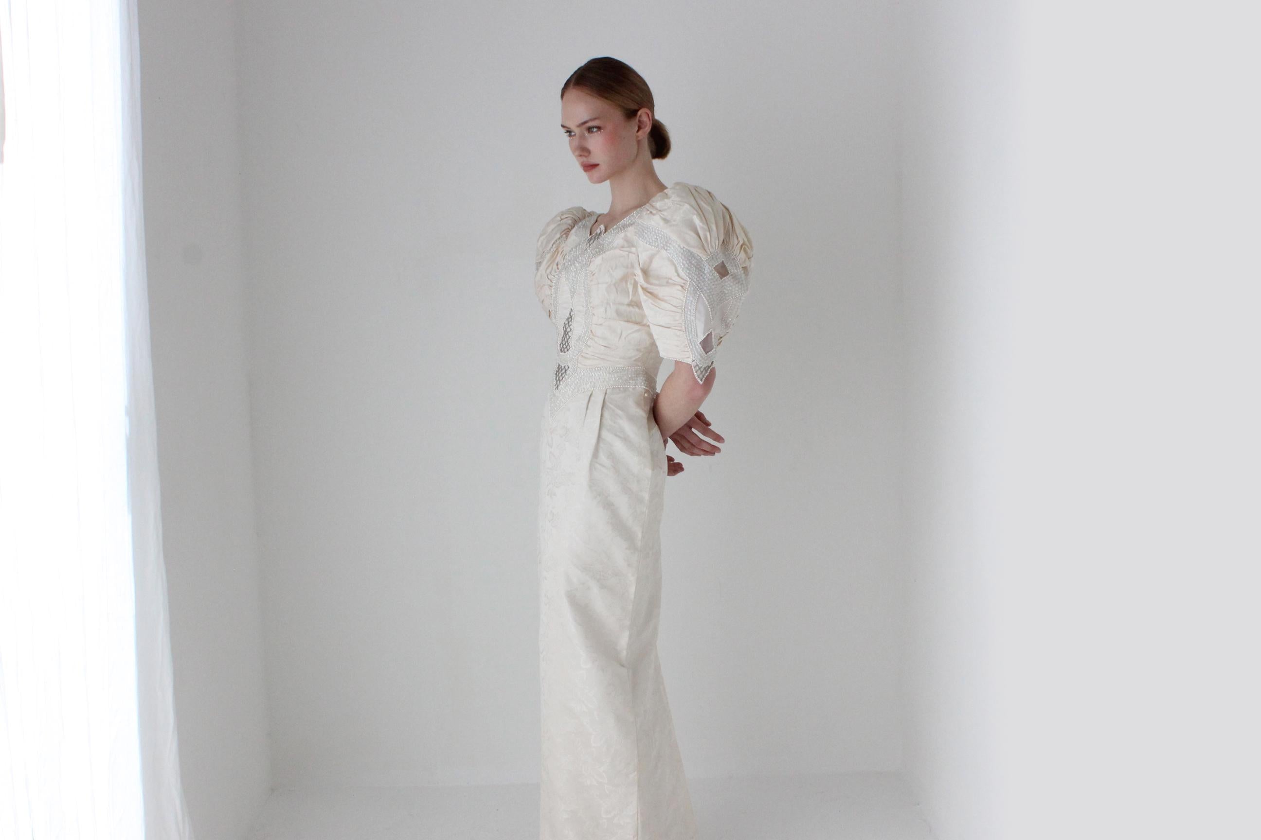 1980s Italian Vintage Sculptural Puff Sleeve Column Wedding Gown