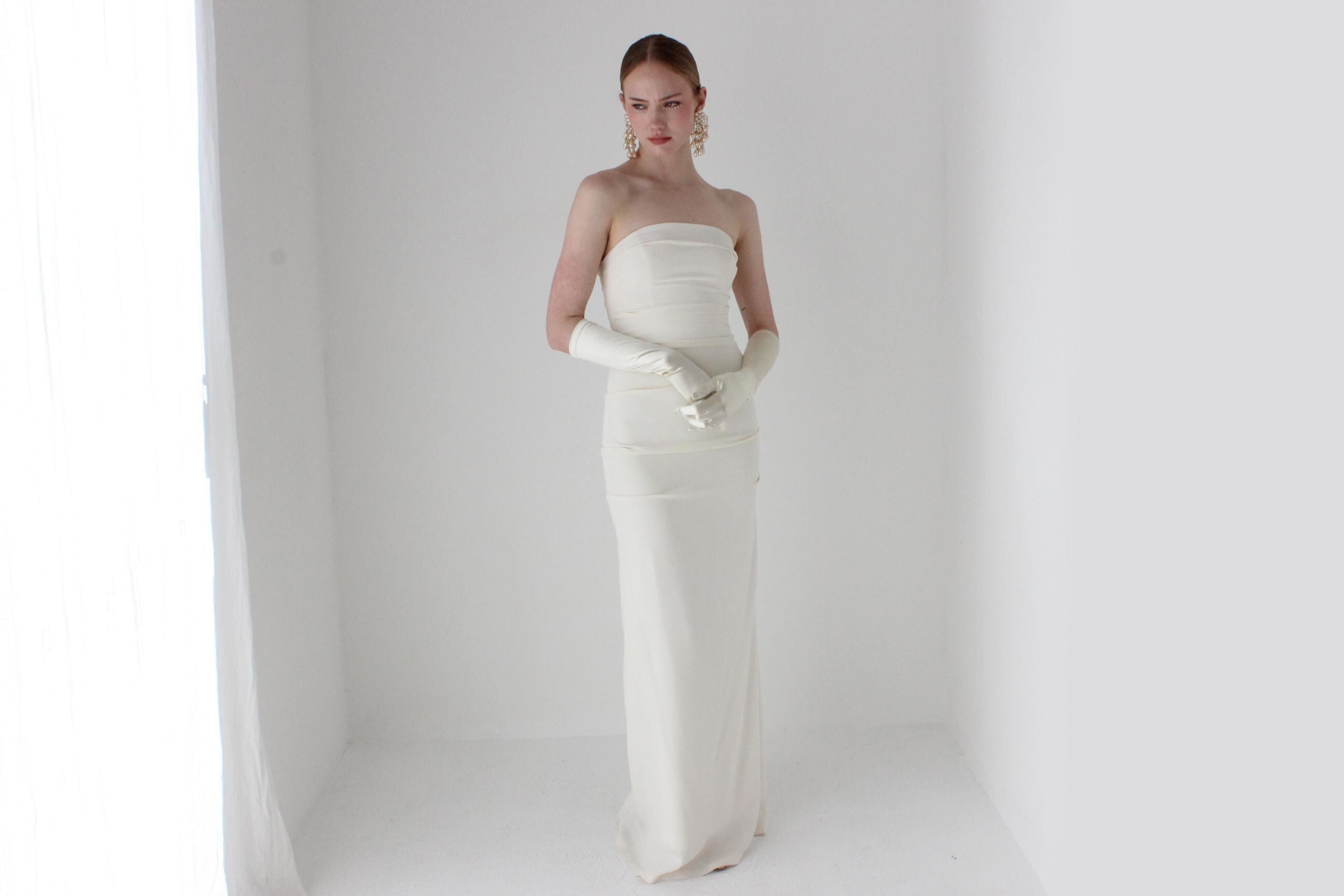 2000s Nicole Miller Strapless Silk Spandex Wedding Gown