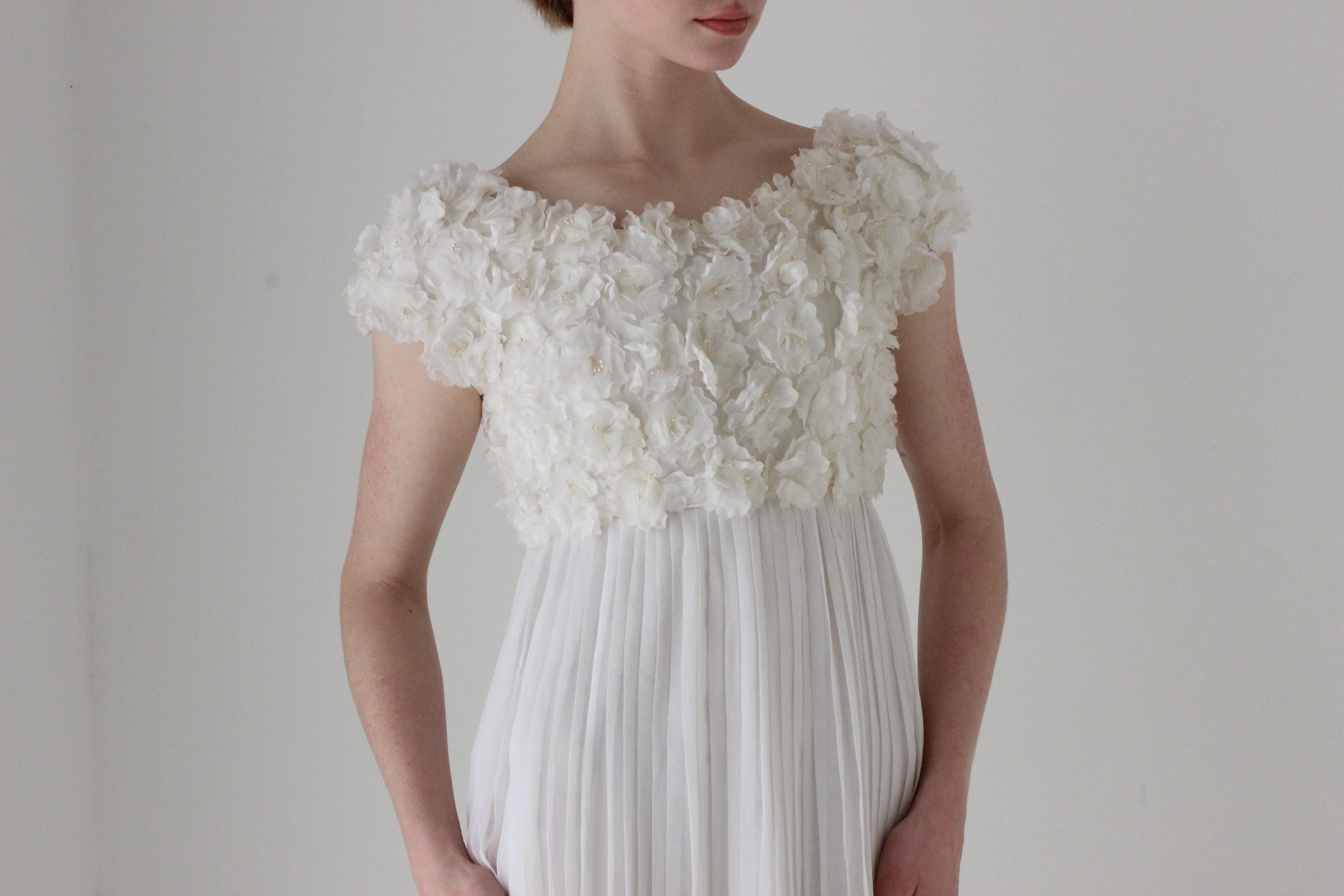 Dreamy 1960s Empire Waist Flower Bouquet Wedding Gown w/ 3D Rosettes & Pleating