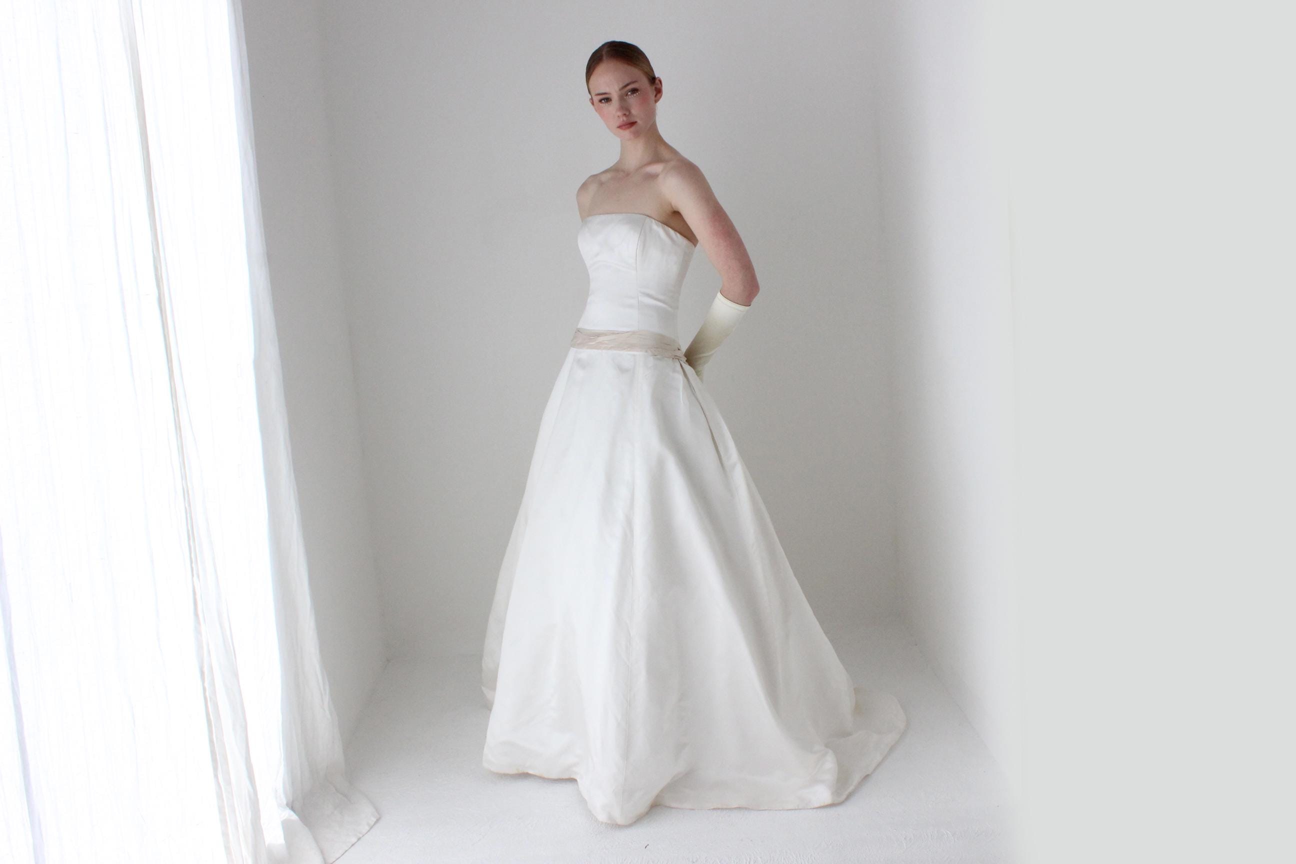 1990s Archival Amsale Bridal Couture White Duchess Silk Strapless Drop Waist Wedding Gown