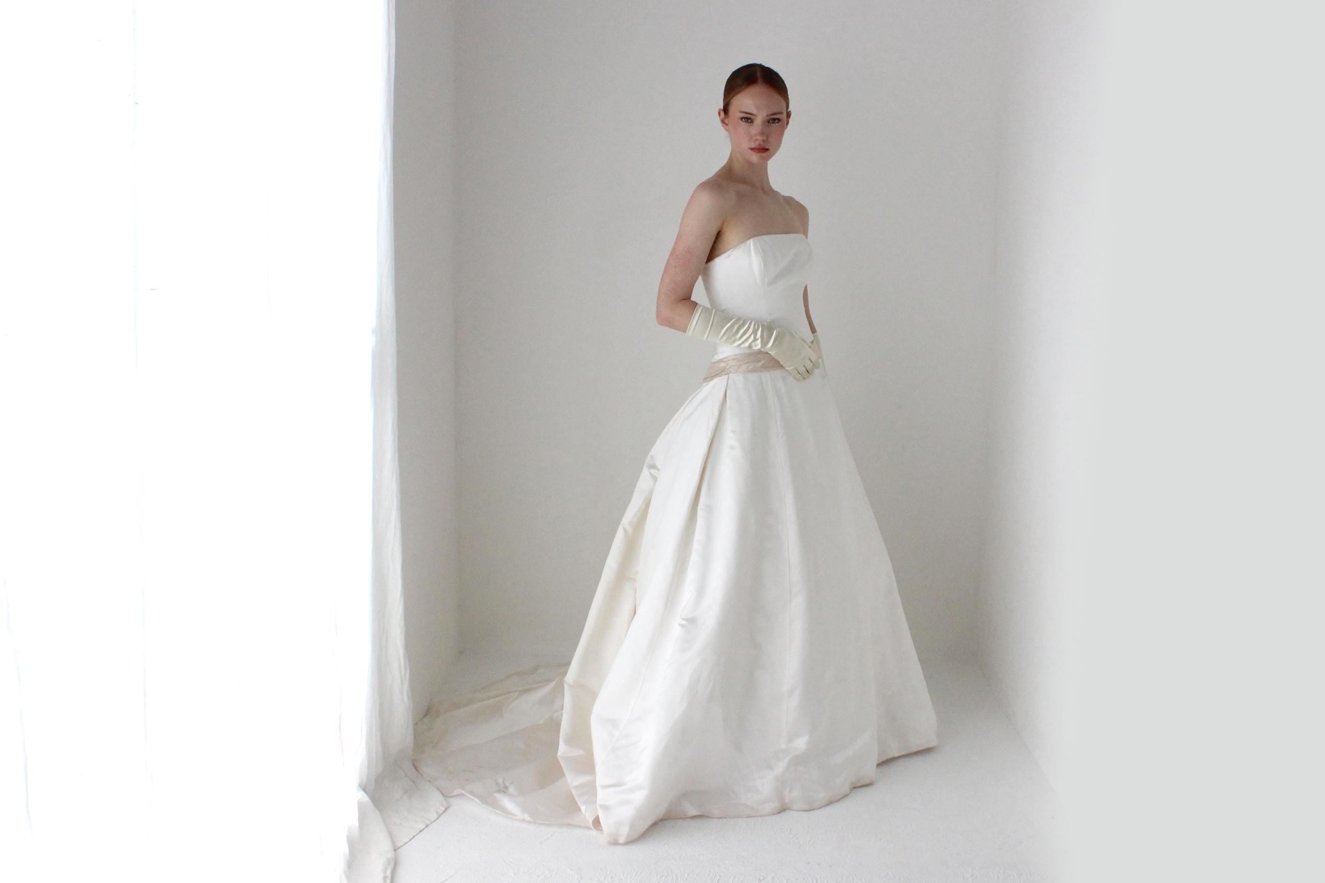 1990s Archival Amsale Bridal Couture White Duchess Silk Strapless Drop Waist Wedding Gown