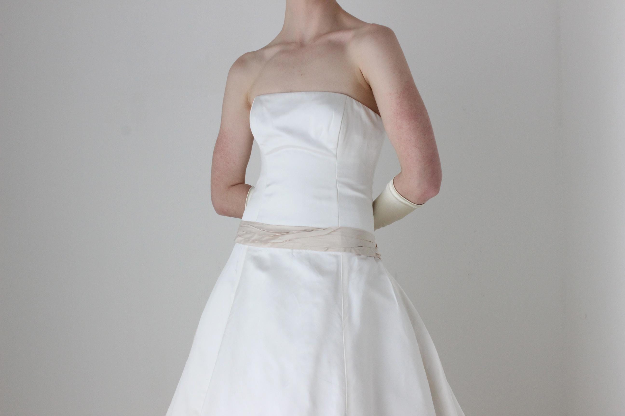 1990s Archival Amsale Bridal Couture White Duchess Silk Strapless Drop Waist Wedding Gown