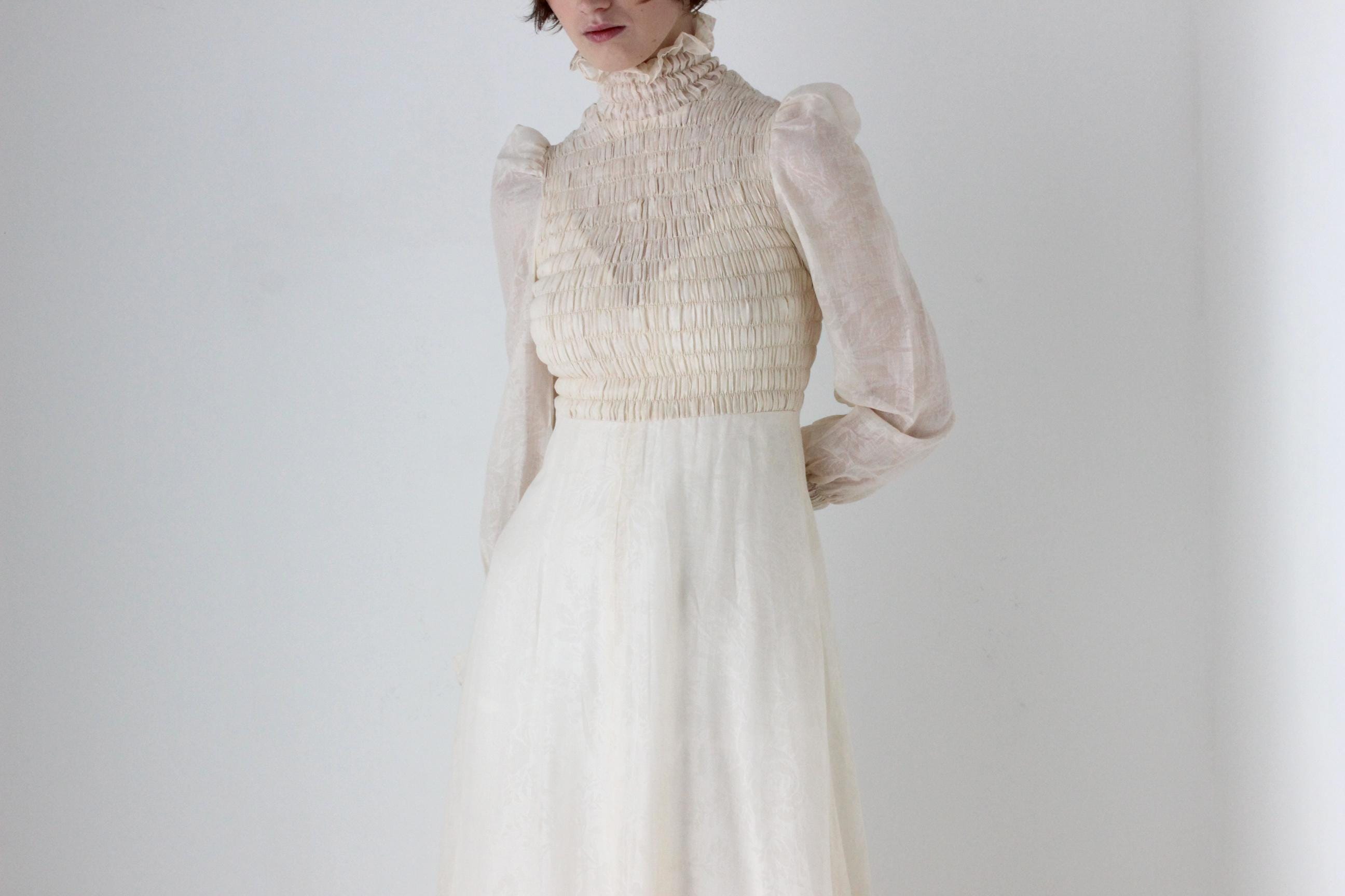 Romantic 1970s British Made Smocked Cotton Ruffle Wedding Dress