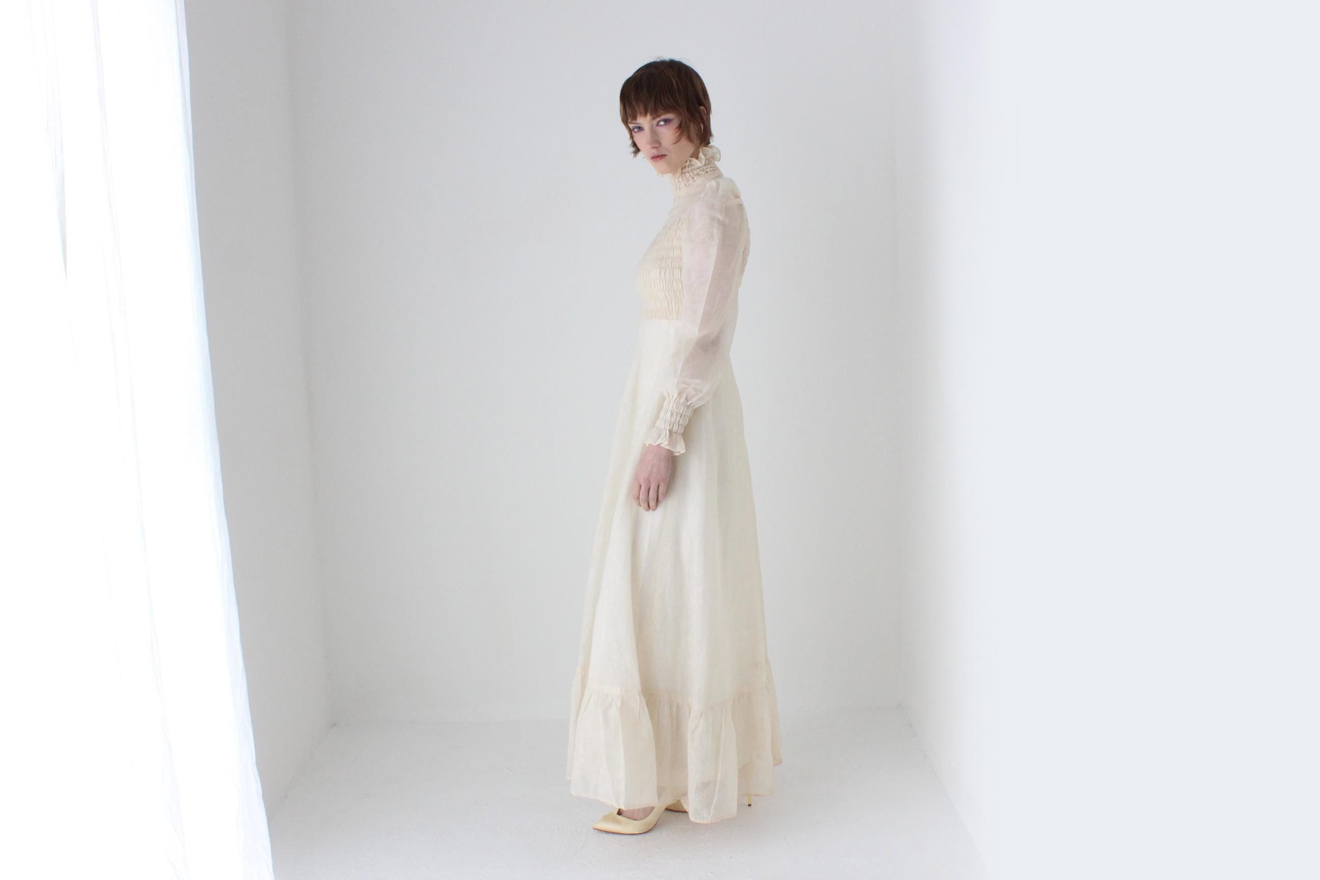 Romantic 1970s British Made Smocked Cotton Ruffle Wedding Dress