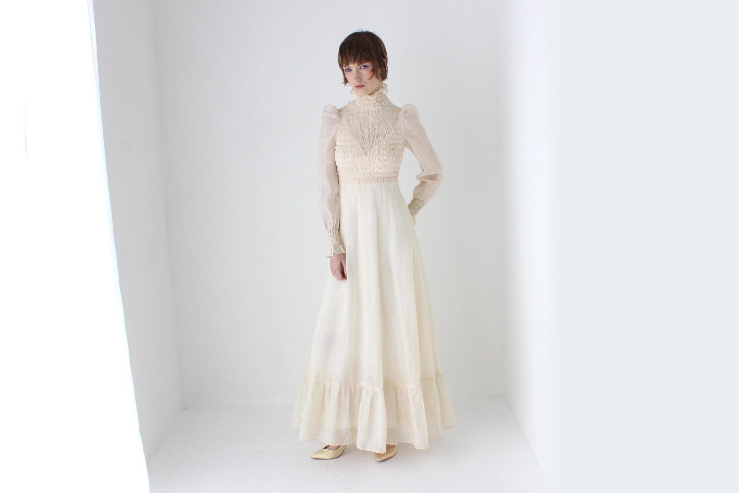 Romantic 1970s British Made Smocked Cotton Ruffle Wedding Dress