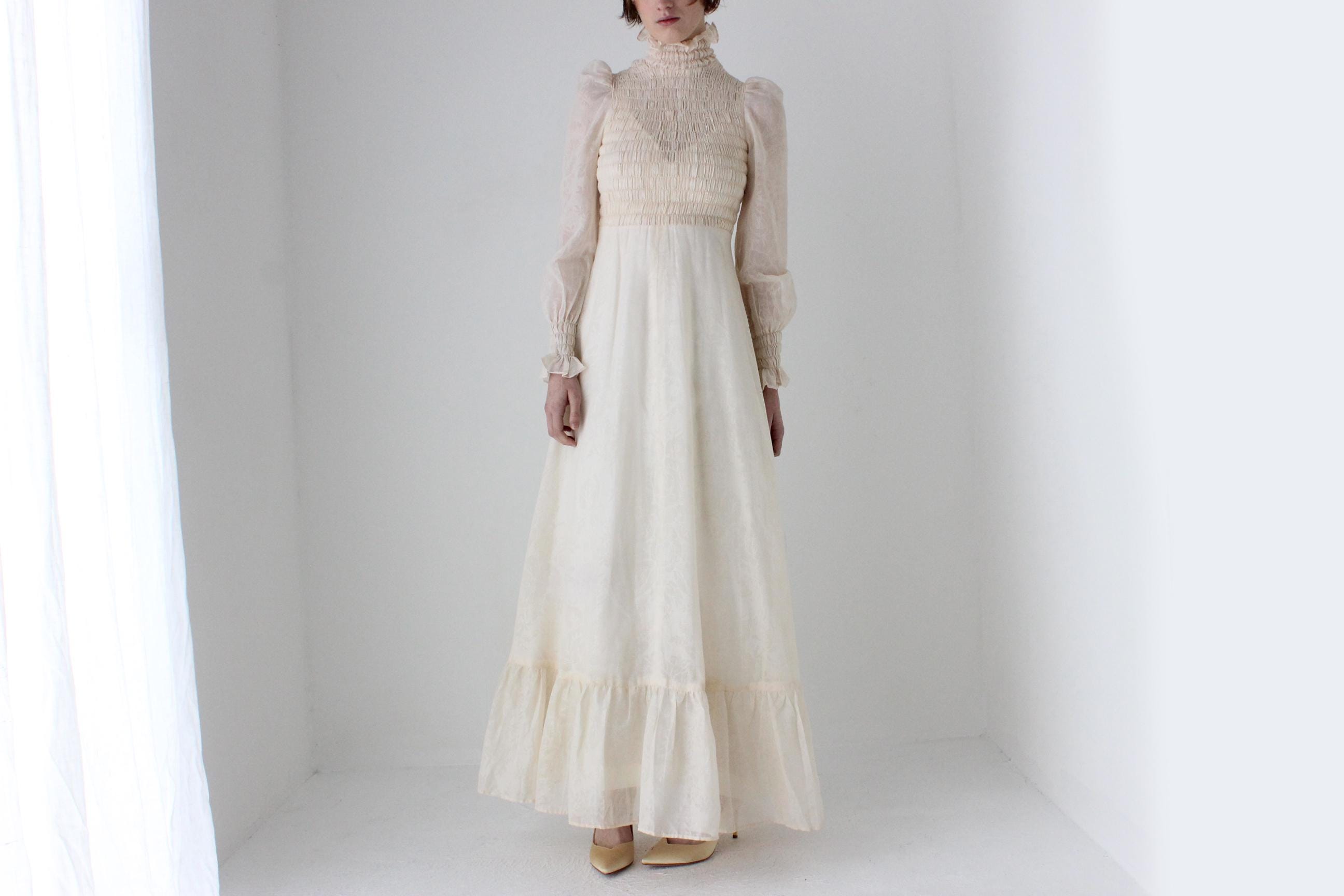 Romantic 1970s British Made Smocked Cotton Ruffle Wedding Dress