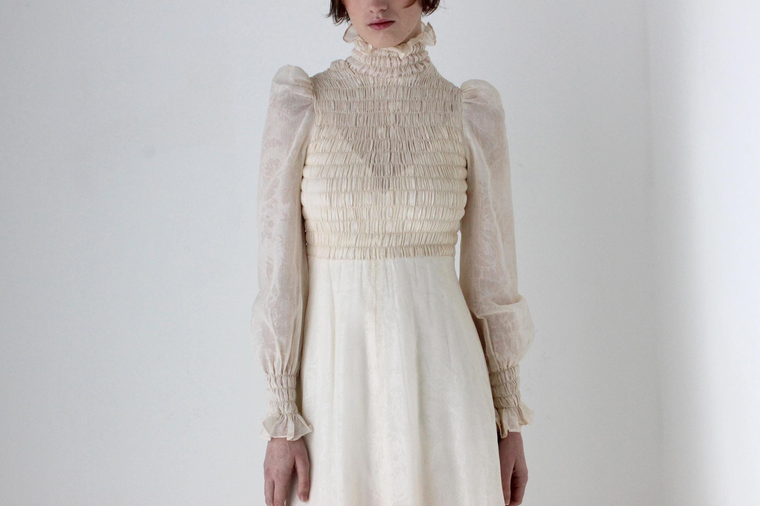 Romantic 1970s British Made Smocked Cotton Ruffle Wedding Dress