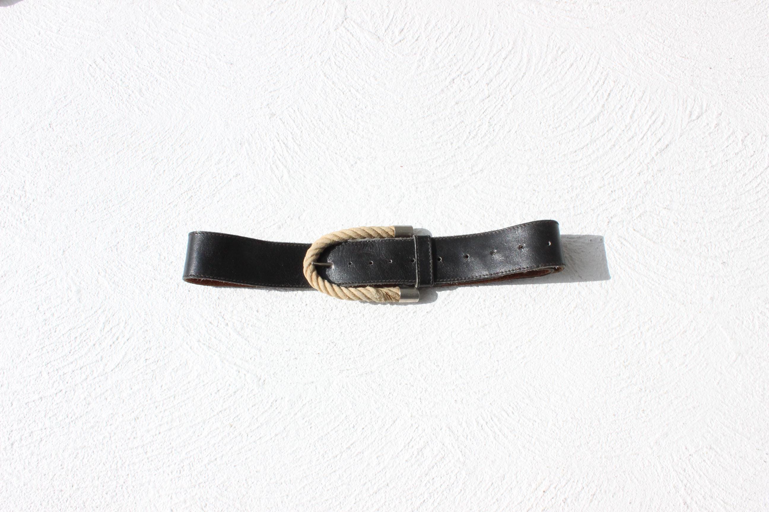 Vintage 80s Black Leather Belt w/ Amazing Rope Buckle