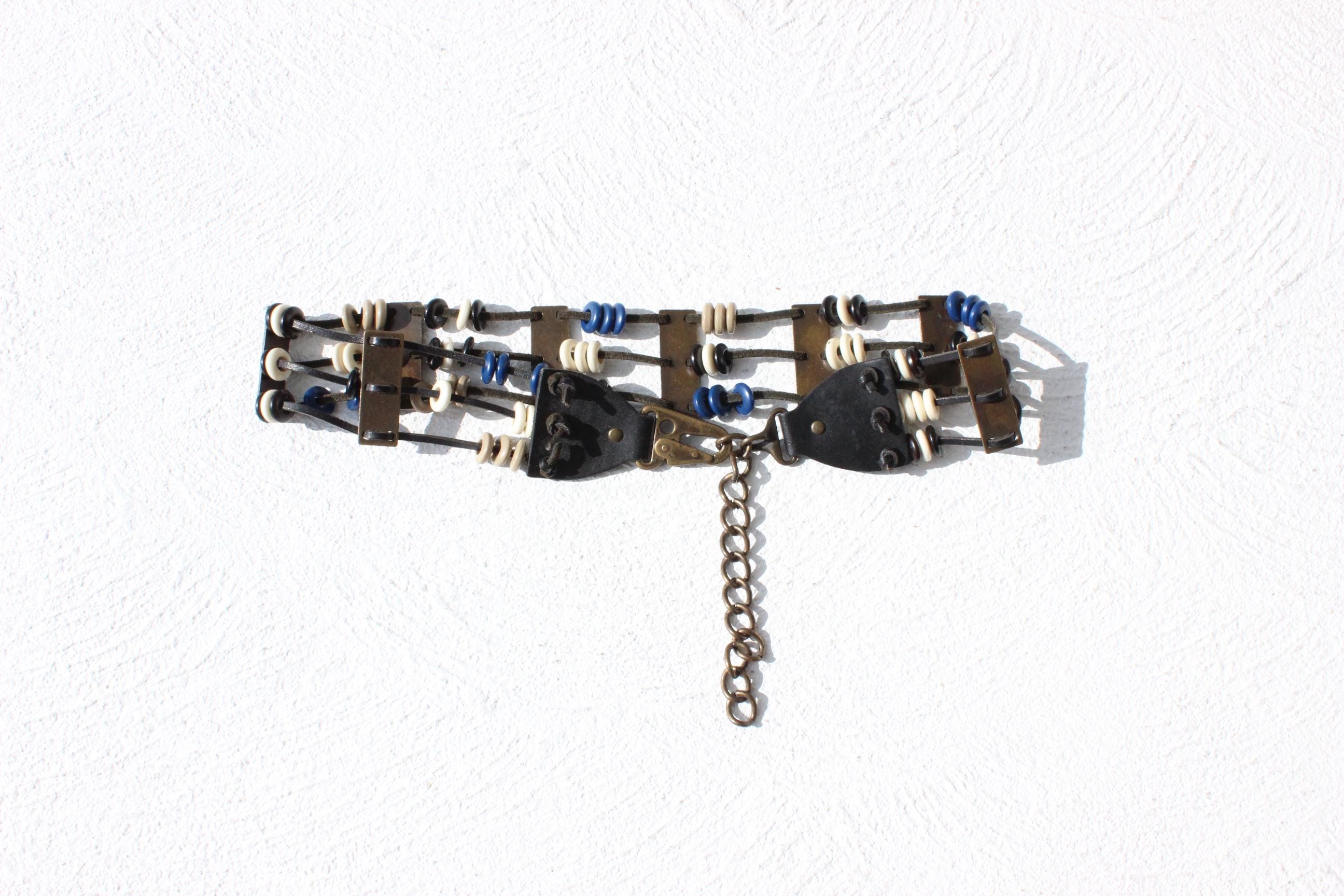 70s Leather & Bead Brass Metal Chain Belt