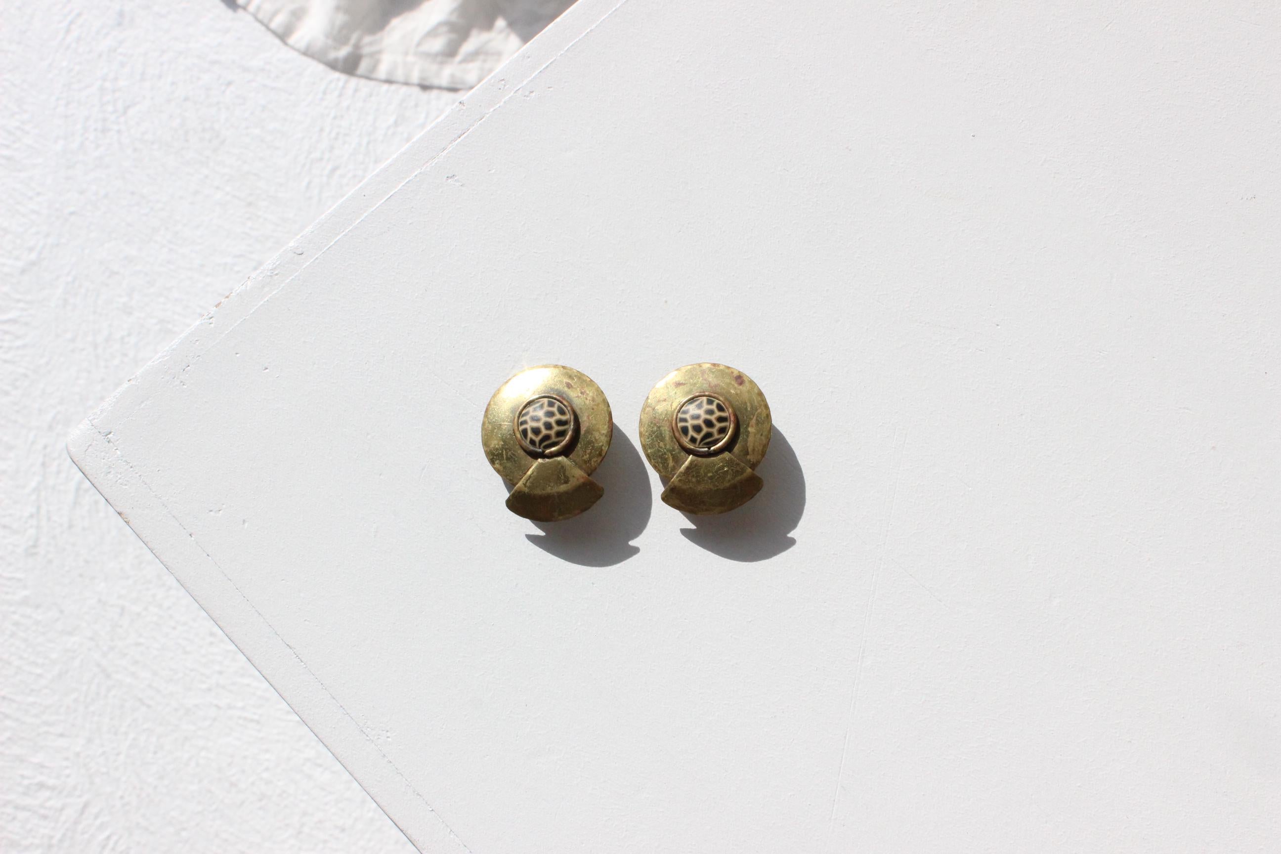 80s Tarnished Brass Brutalist Clip On Earrings