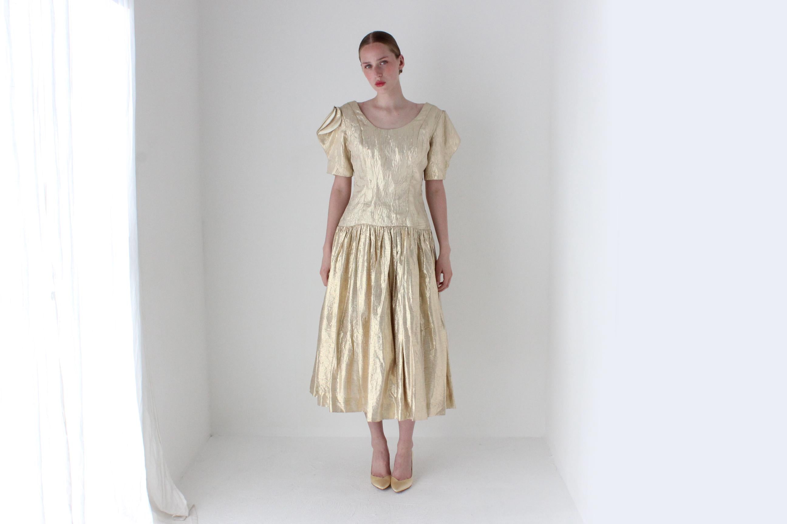 1980s Victor Costa Gold Metallic Lamé Disco Dress w/ Origami Sleeves