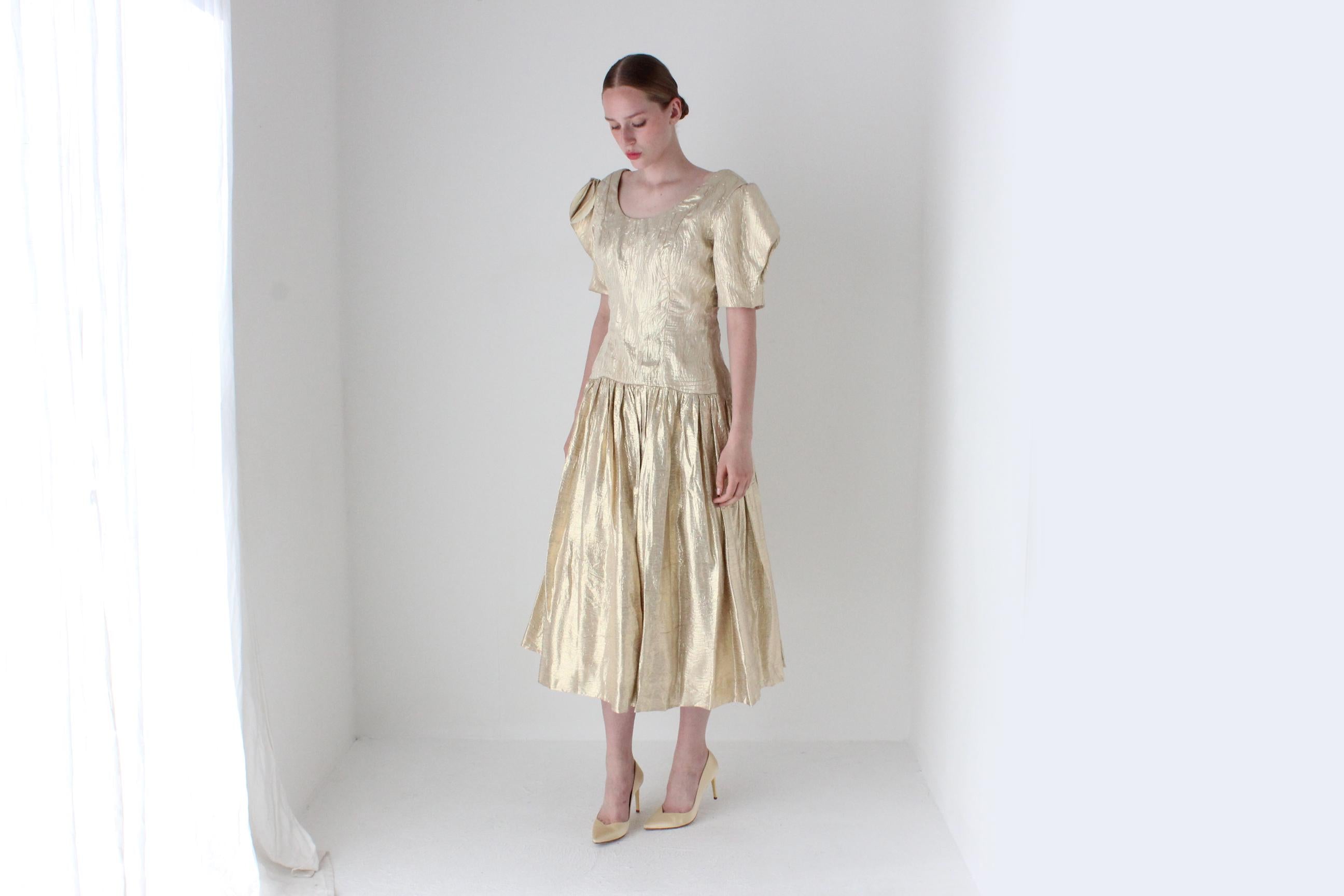 1980s Victor Costa Gold Metallic Lamé Disco Dress w/ Origami Sleeves