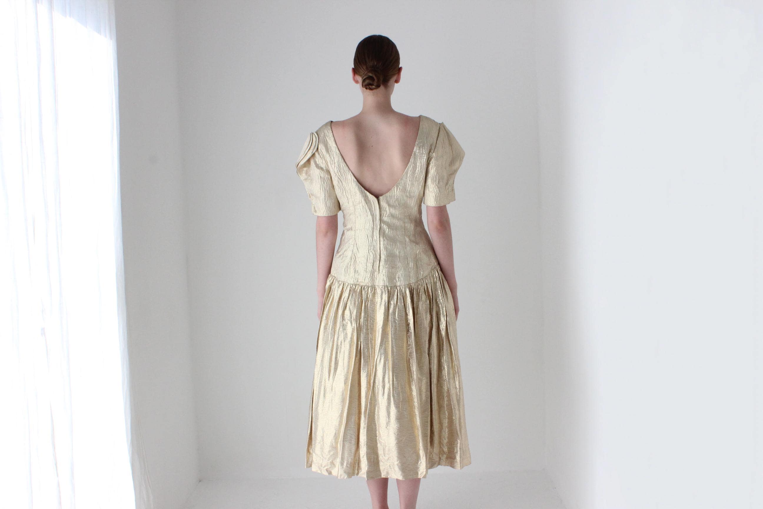 1980s Victor Costa Gold Metallic Lamé Disco Dress w/ Origami Sleeves