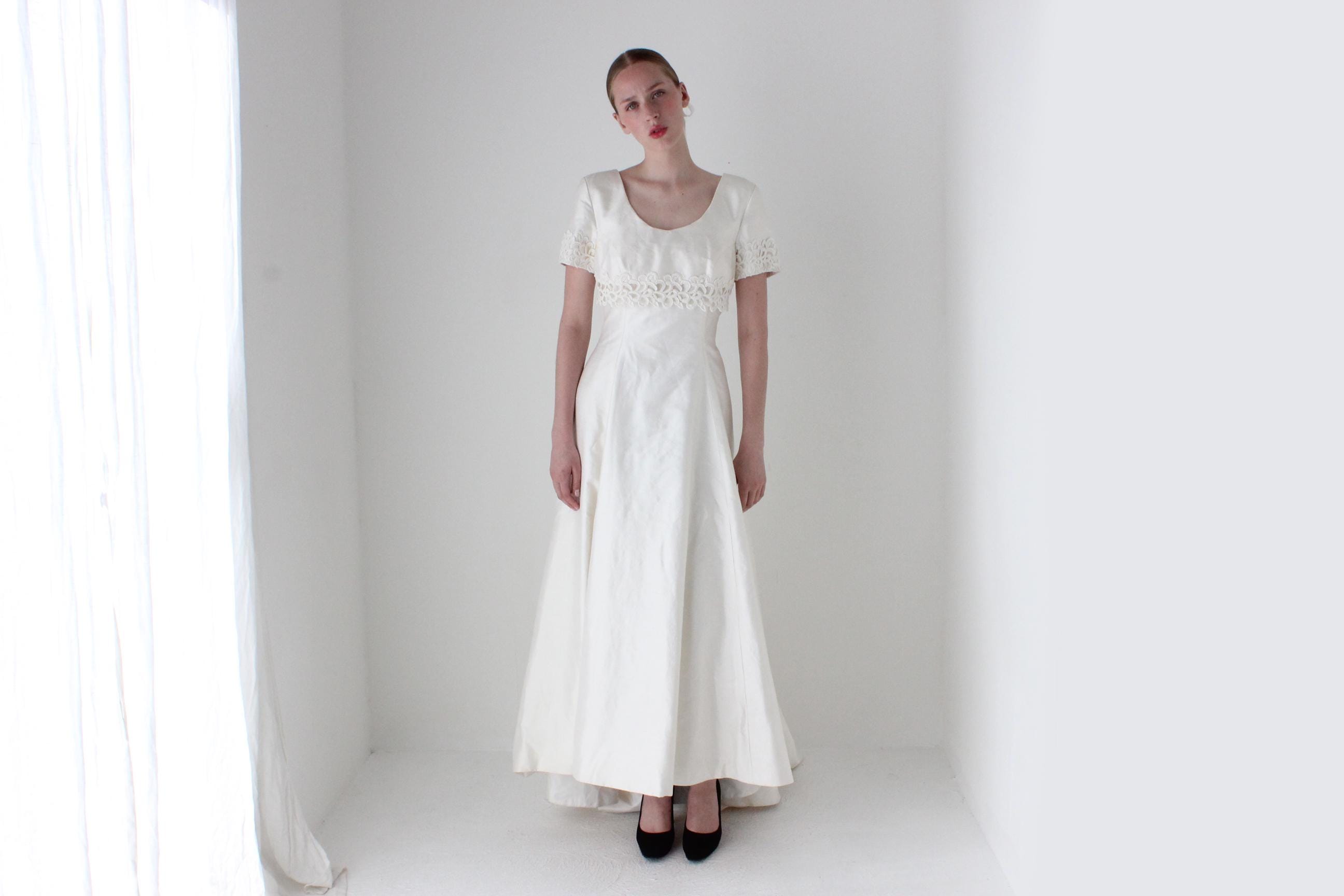 1980s Raw Silk Empire Waist Short Sleeve Wedding Gown w/ Train