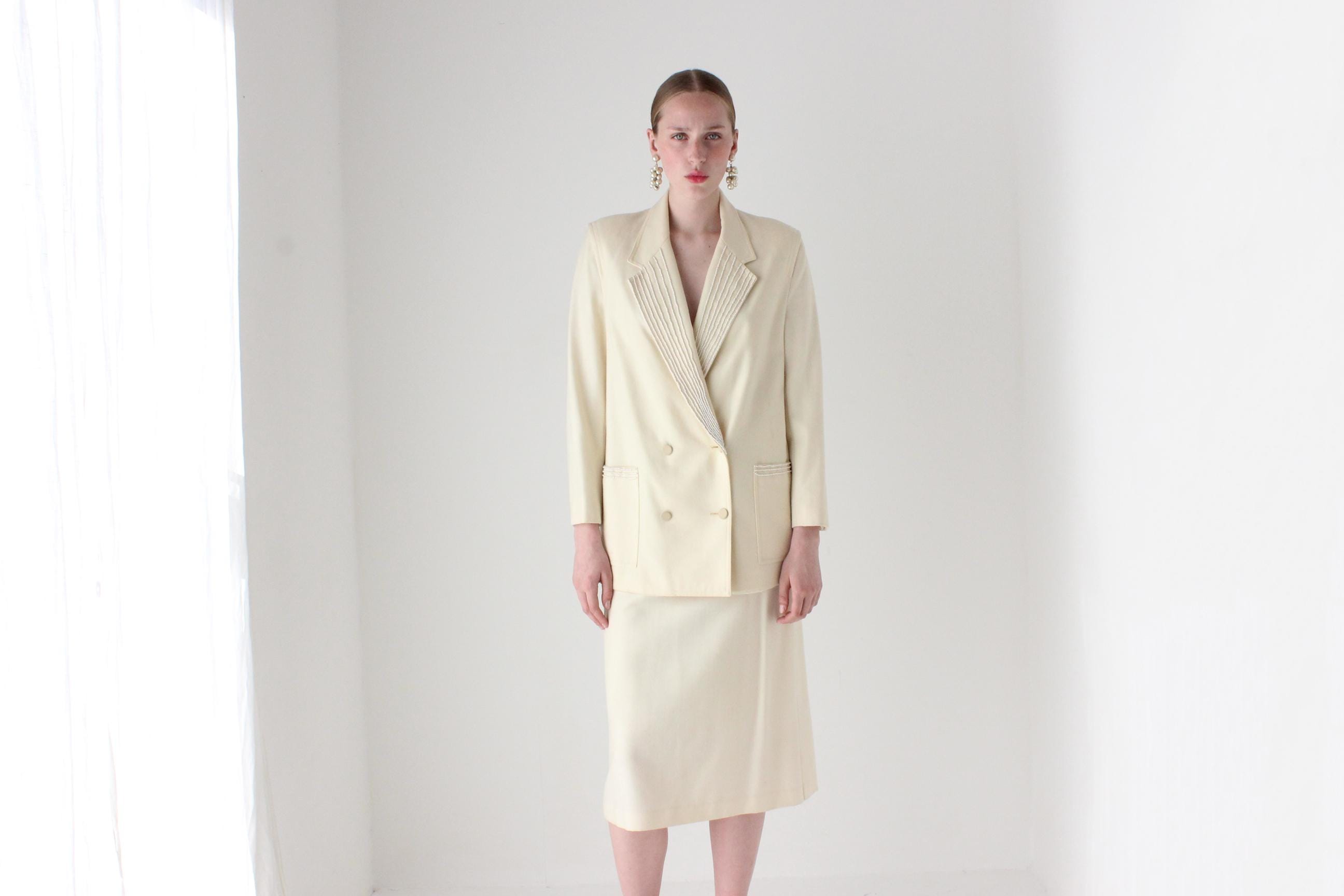 1980s Pure Wool Pearl Encrusted Bridal Skirt Suit