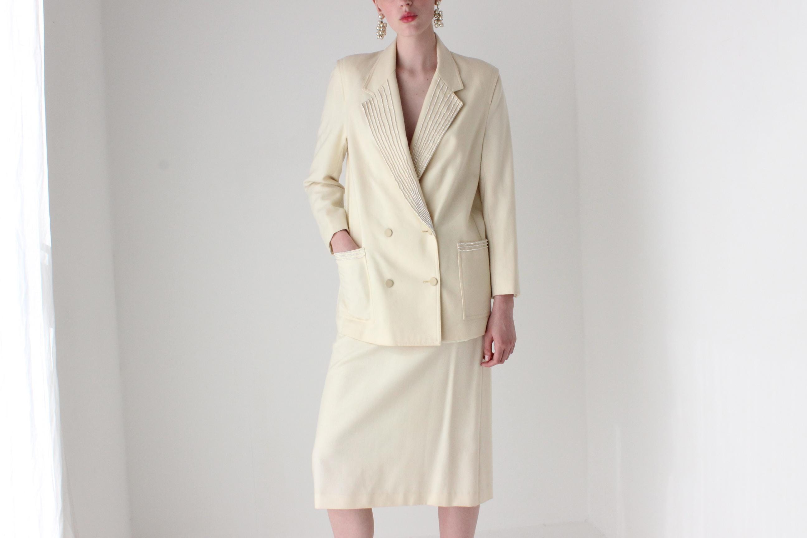 1980s Pure Wool Pearl Encrusted Bridal Skirt Suit