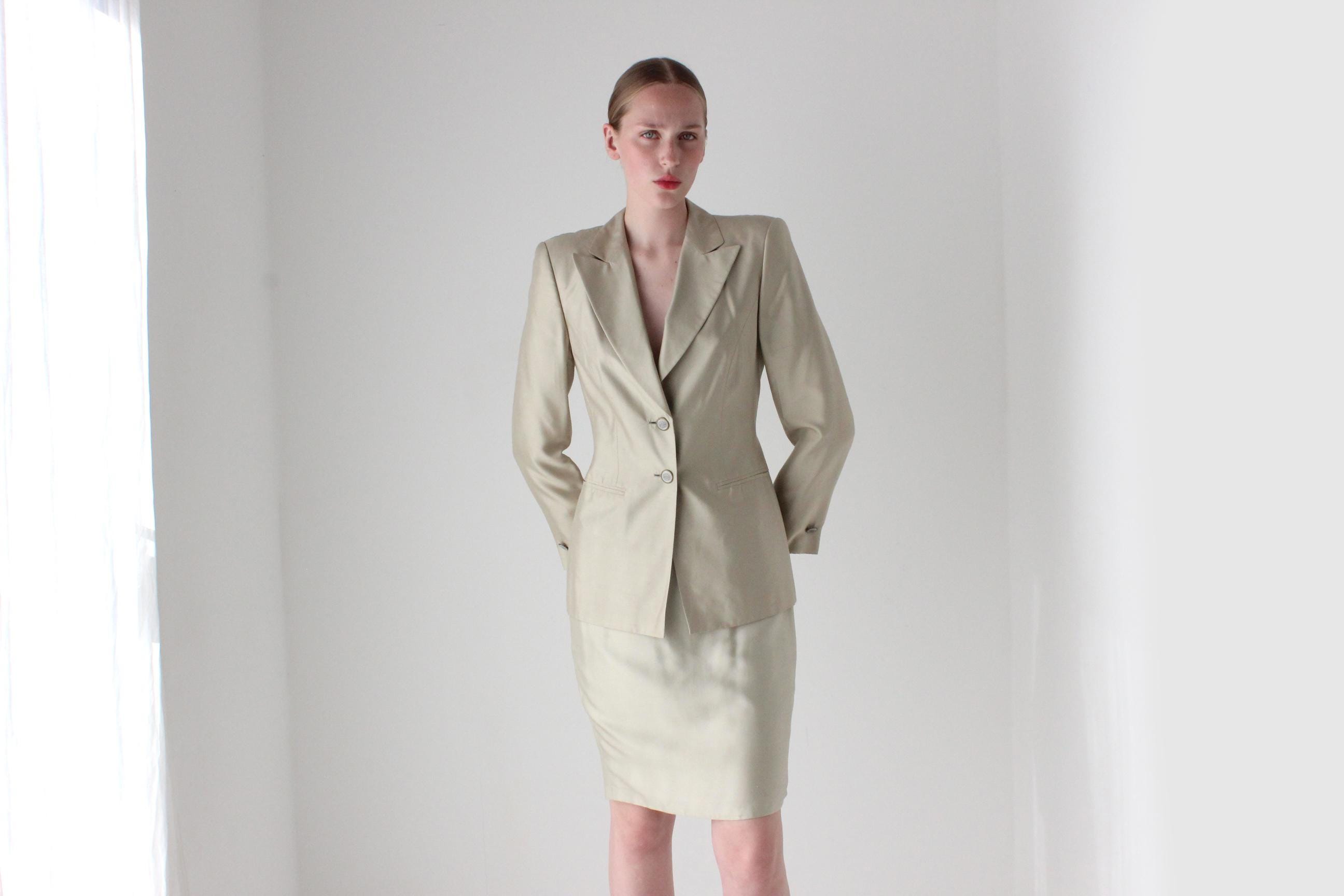 1990s Escada by Margaretha Ley Neutral Silk Skirt Suit