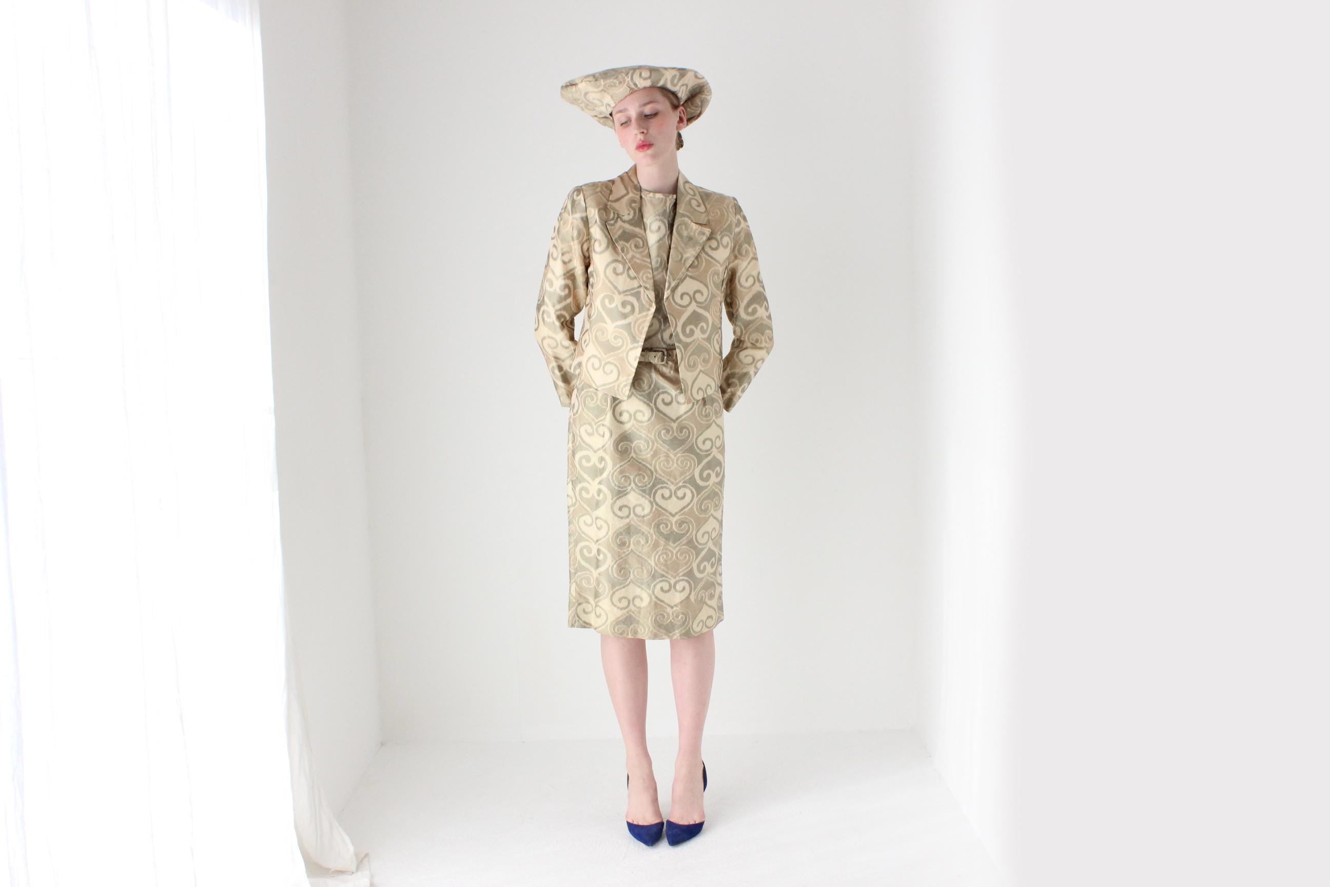 Bespoke 1980s Silk Four Piece Jacket, Dress, Hat & Belt Matching Set