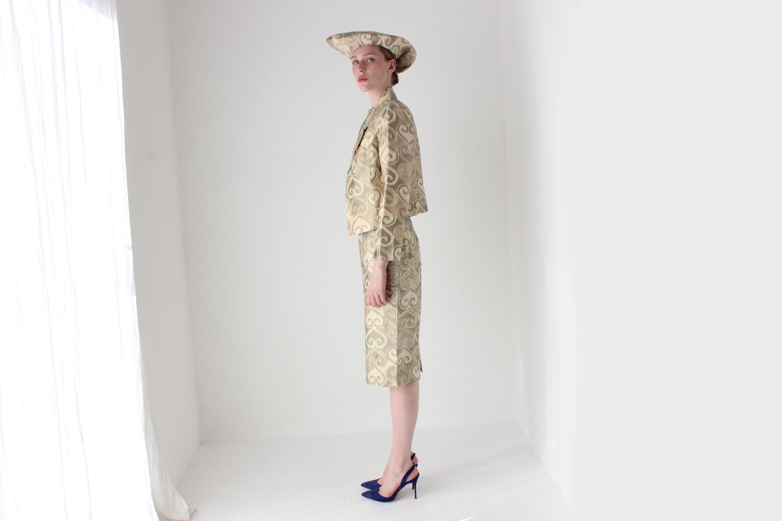 Bespoke 1980s Silk Four Piece Jacket, Dress, Hat & Belt Matching Set