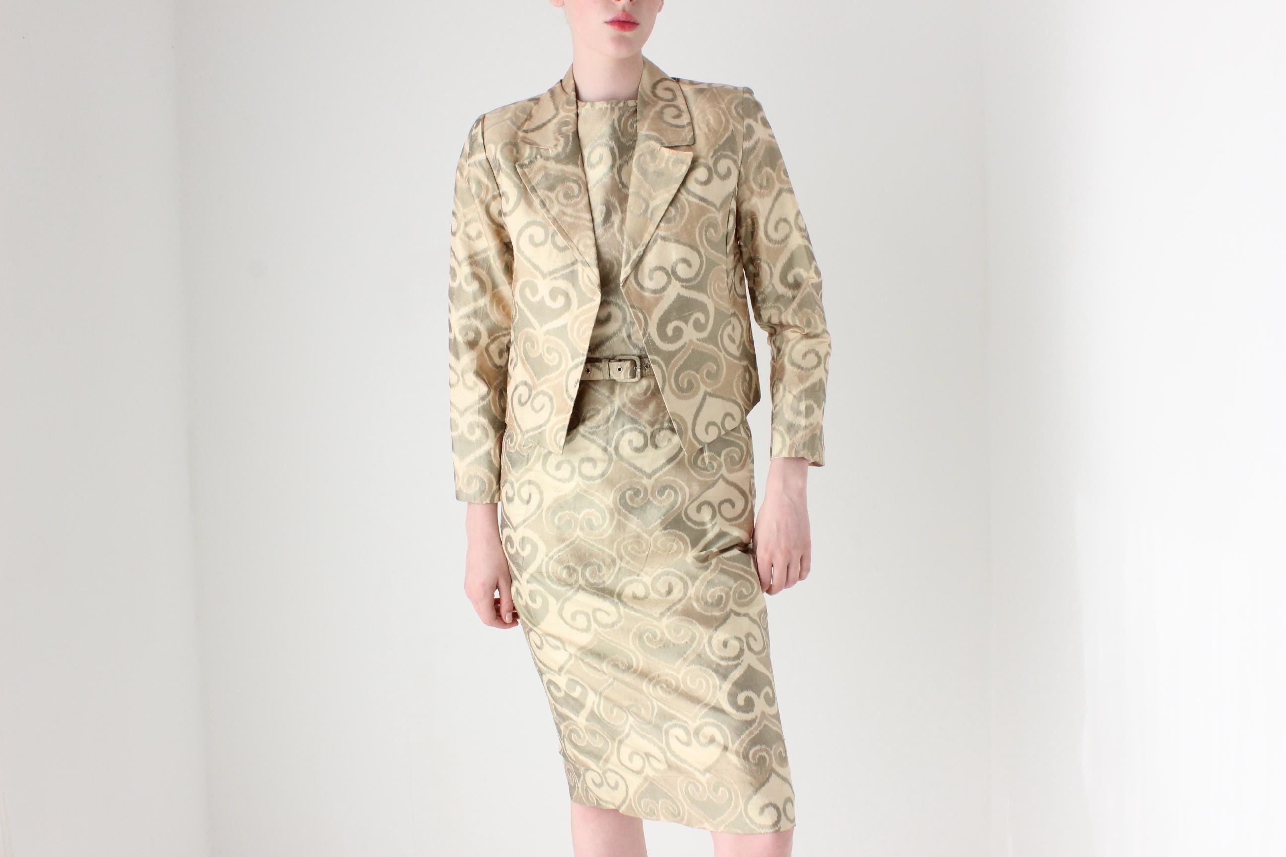 Bespoke 1980s Silk Four Piece Jacket, Dress, Hat & Belt Matching Set