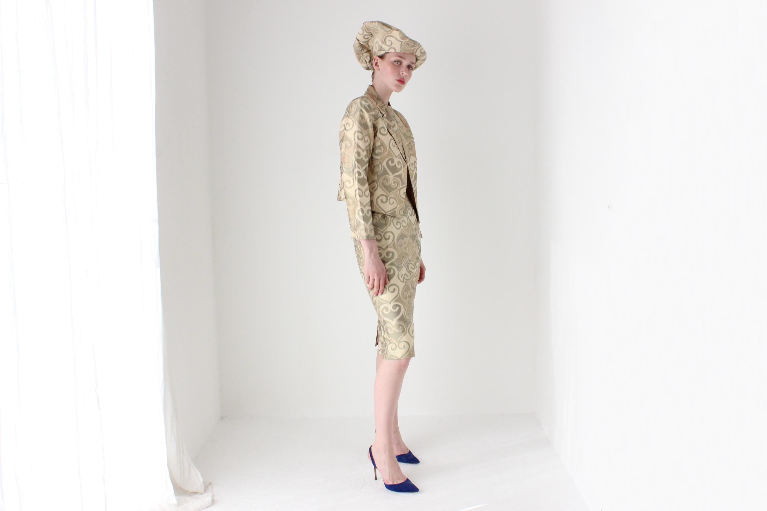 Bespoke 1980s Silk Four Piece Jacket, Dress, Hat & Belt Matching Set