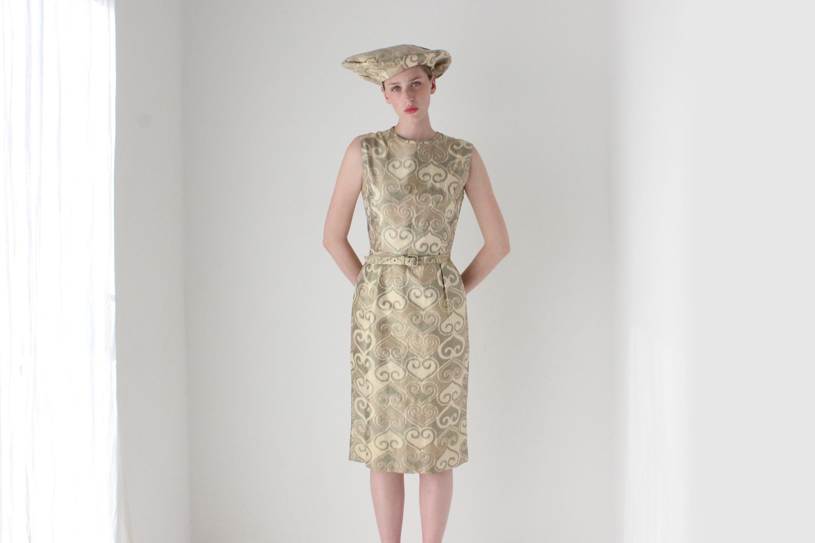 Bespoke 1980s Silk Four Piece Jacket, Dress, Hat & Belt Matching Set