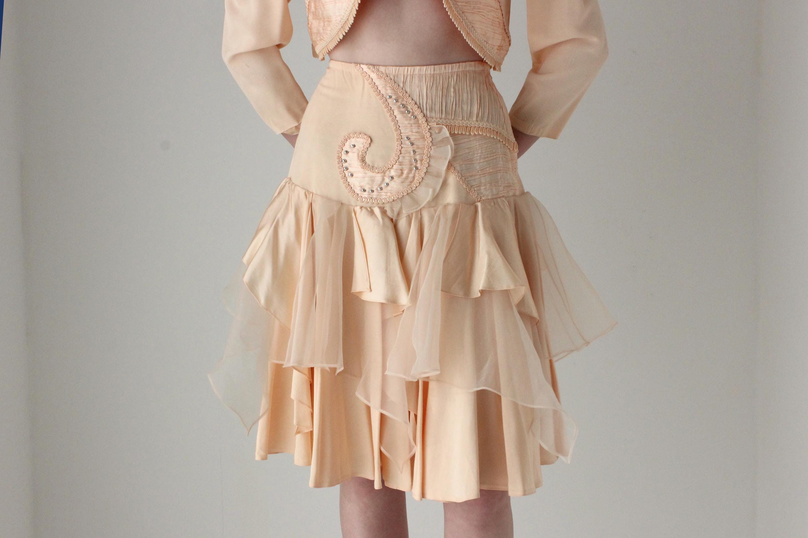 Outrageous 80s Peach Origami Ruffle Two Piece Skirt & Bolero Suit Set