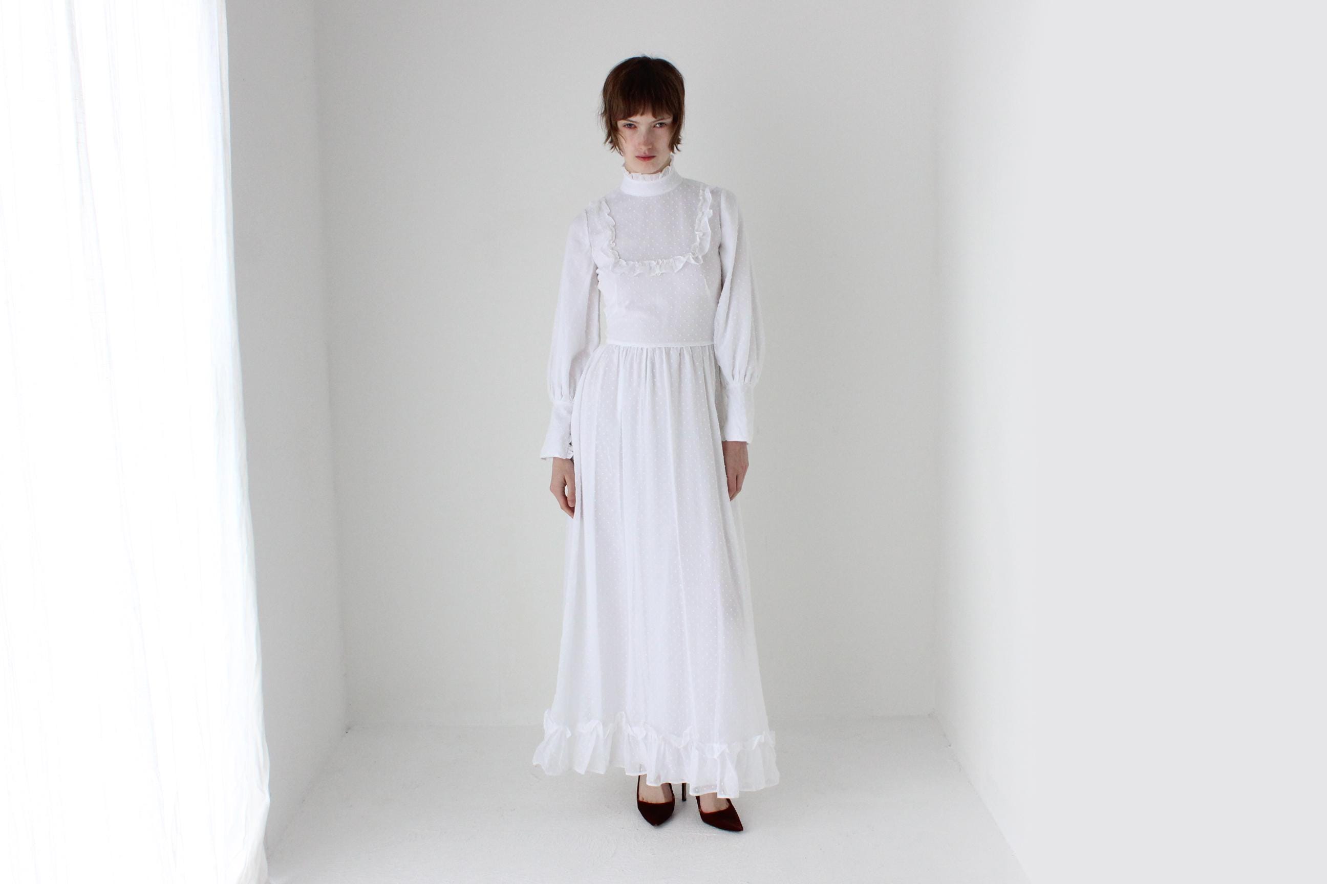 Romantic 1970s White Cotton Long Sleeve Prairie Wedding Dress